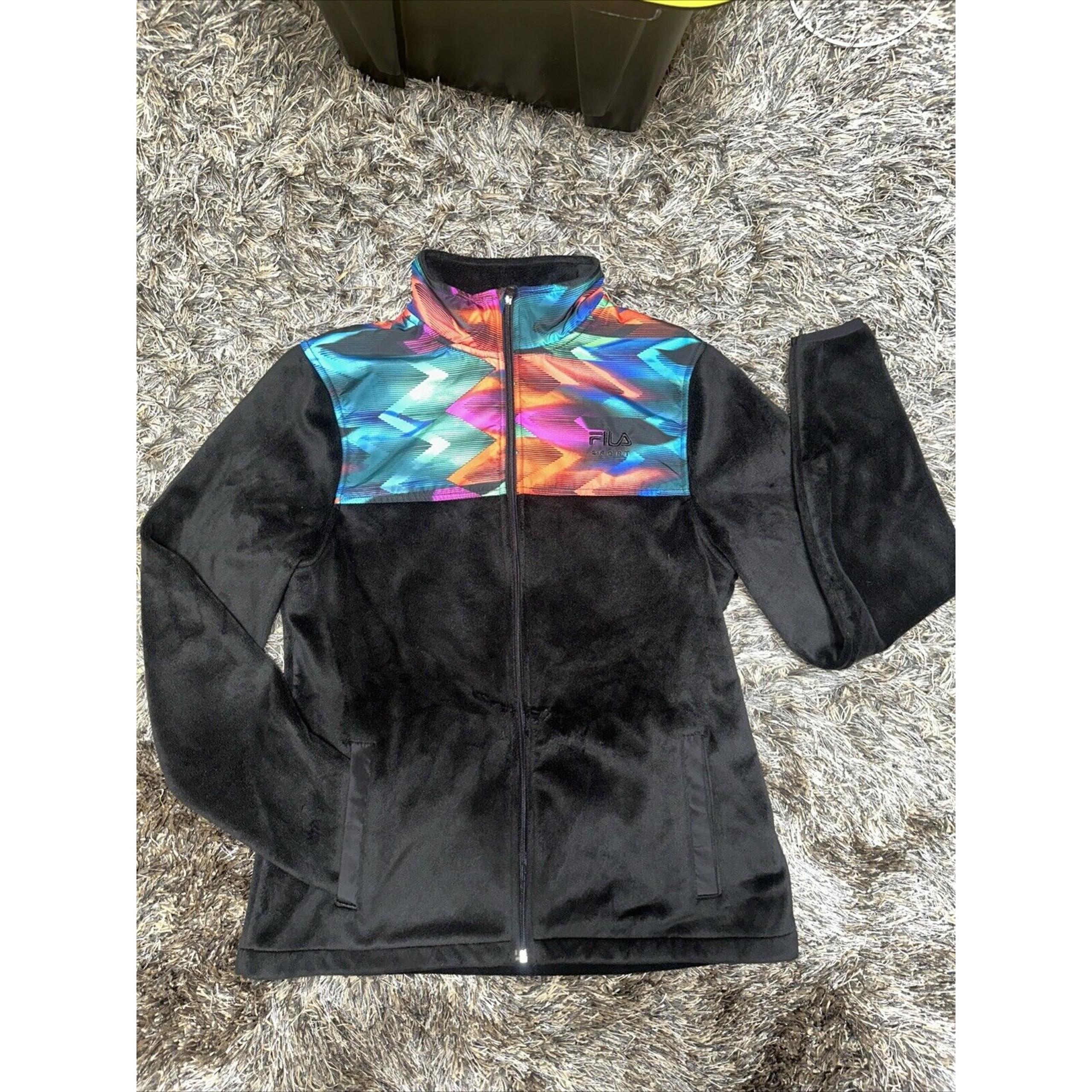 FILA VTG 80's Women's Velour Track Sport Jacket Full Zip Black Multicolor Sz S