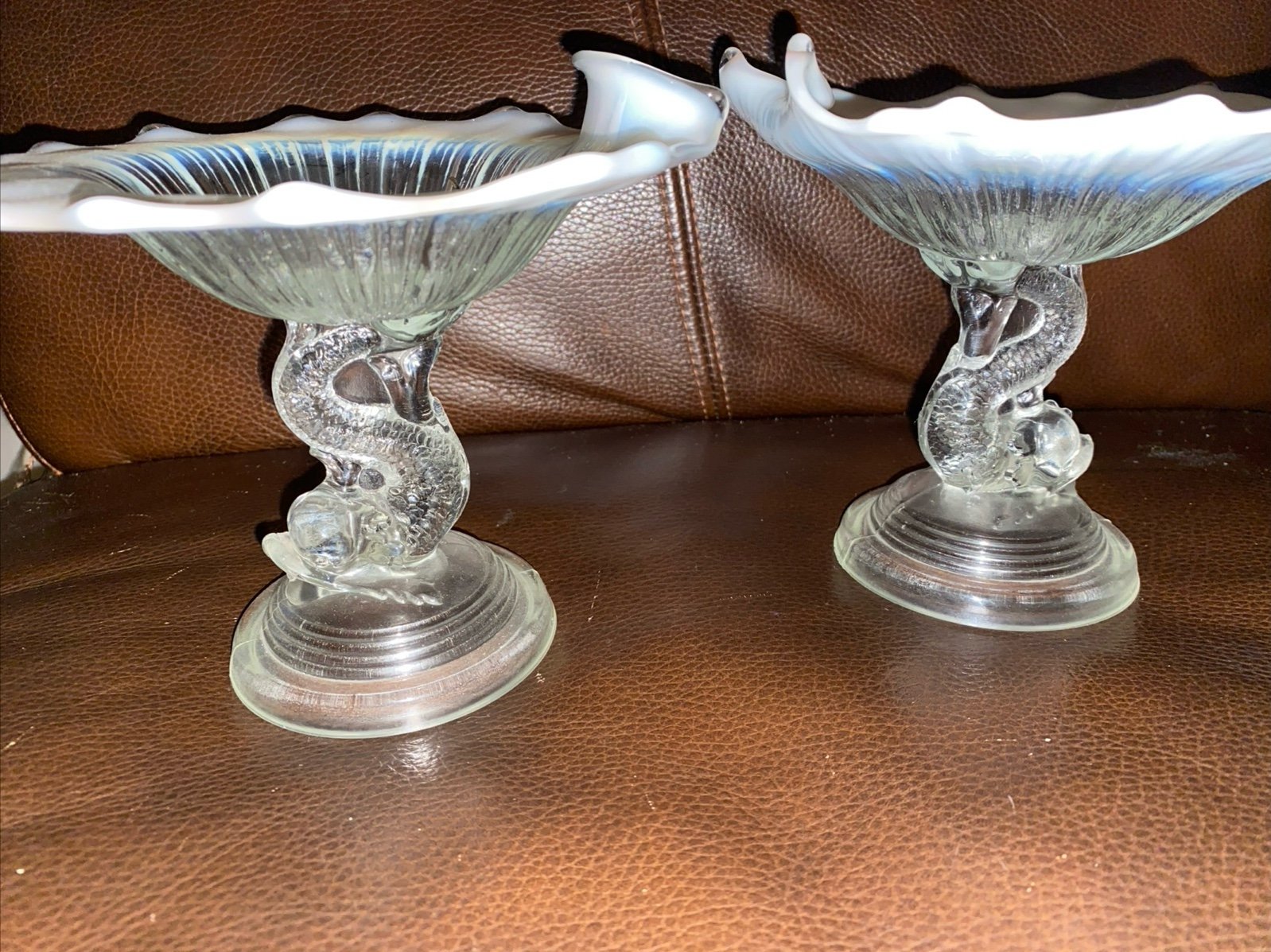 Glass vtg dolphin opalescent bowls set mcm