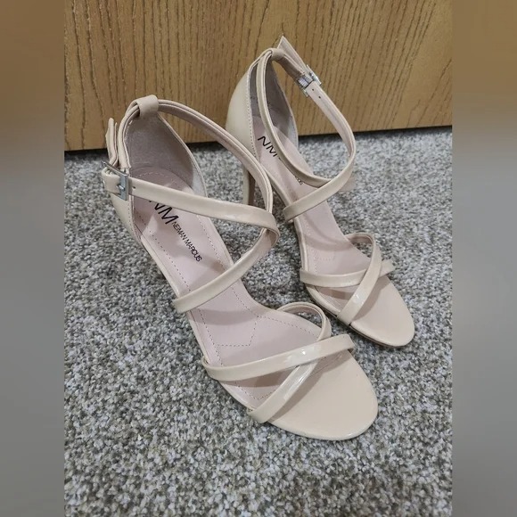 Neiman Marcus Patent Nude Strappy Heeled Sandals