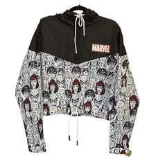 Marvel Comics Retro Face Light Weight Hooded Crop Windbreaker Jacket Women XL