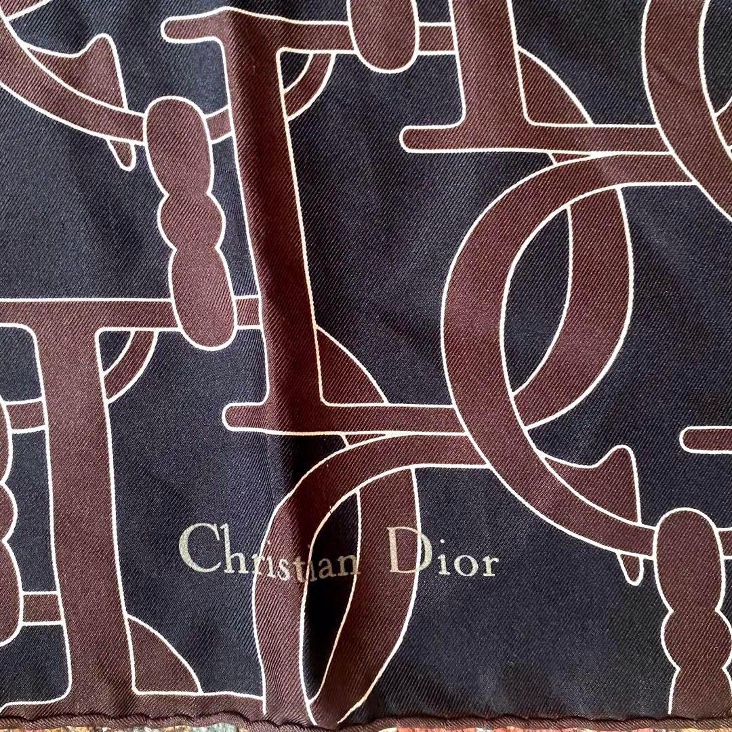Rare Vintage Dior Logo Design Silk Scarf Black x Dark Brown