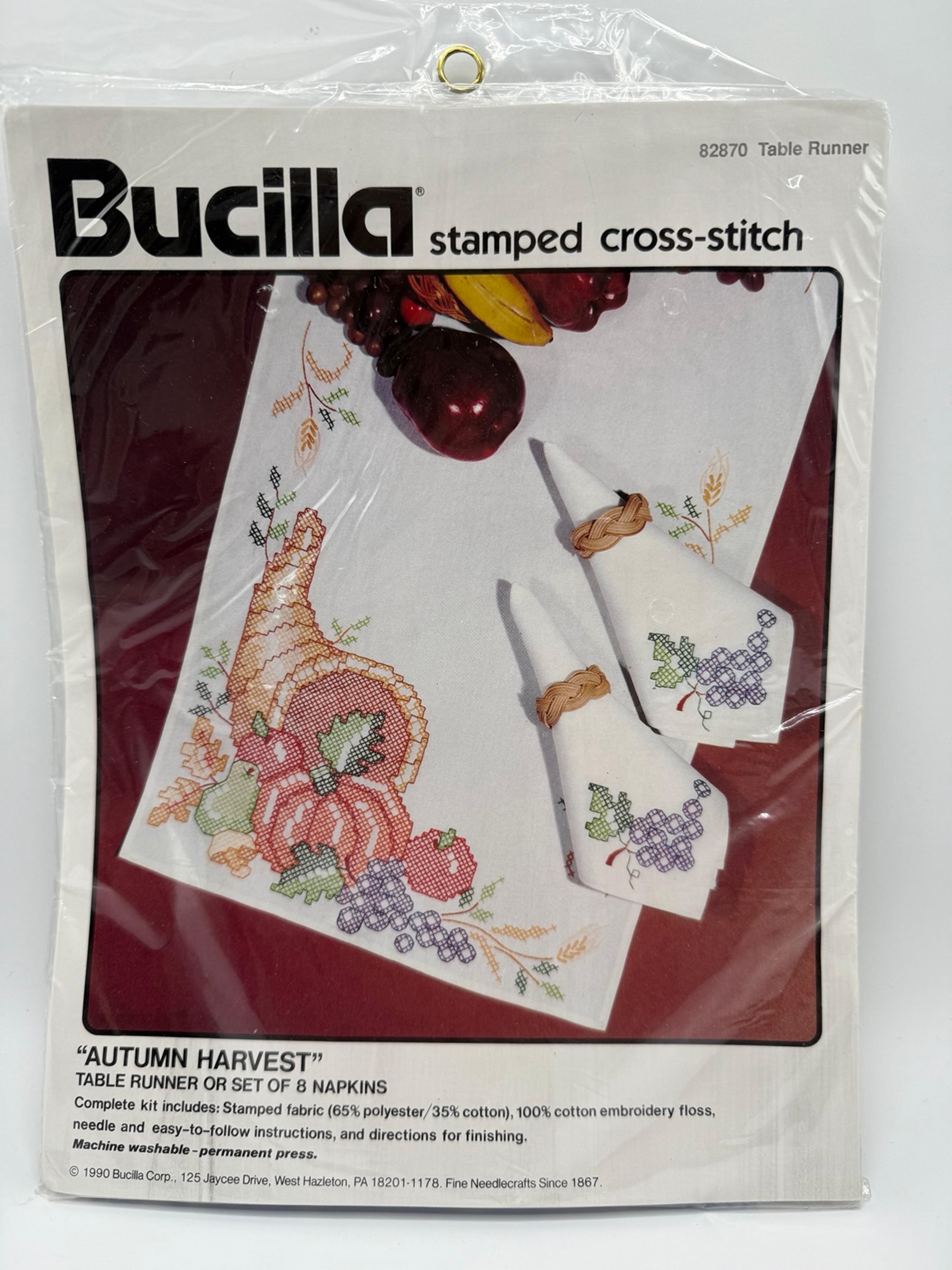 Vintage 1990 Bucilla Stamped Cross Stitch Kit Autumn Harvest Table Runner NOS
