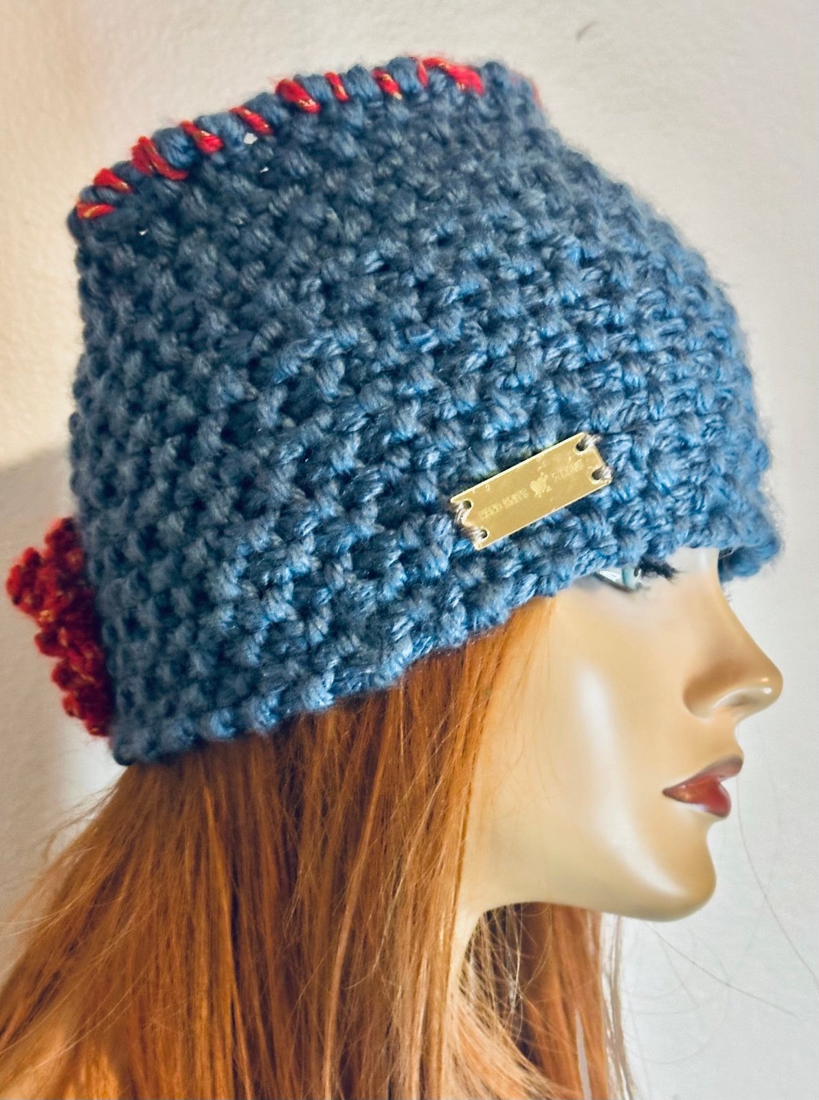 Hand Knits 2 Love Bandana Headwrap Headband Flower Bead Designer Denim Blue Hip