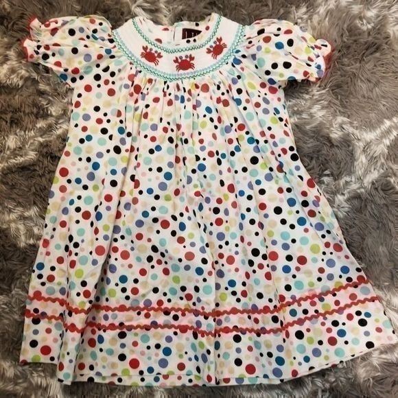 Lil Cactus Smocked polka dot Crab Beach nautical Dress toddler size 3T