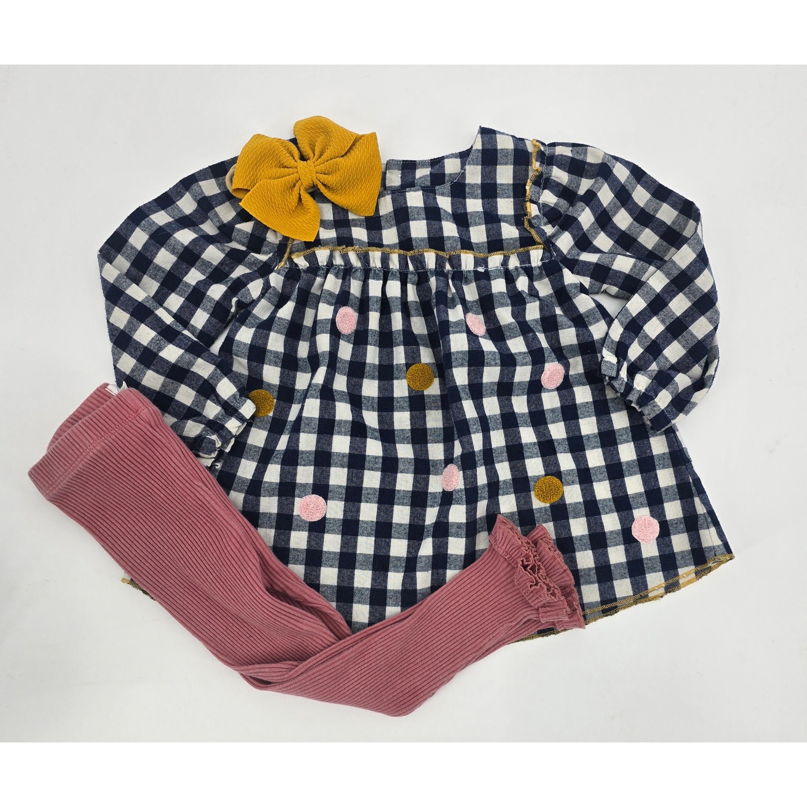 Mud Pie Gingham Dot Dress Set – 12-18M (Includes Bow & Leggings)