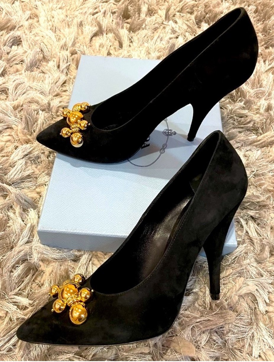 Prada Black velvet Gold Balls Embellished Pumps