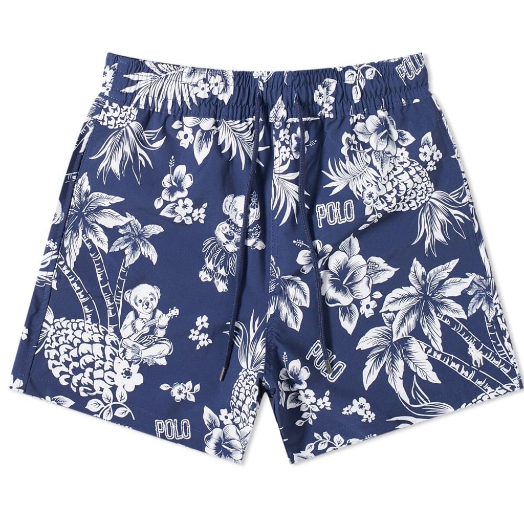 NWOT Polo Ralph Lauren Swim Short Boys Trunks Floral Bears Blue - Size M 10-12
