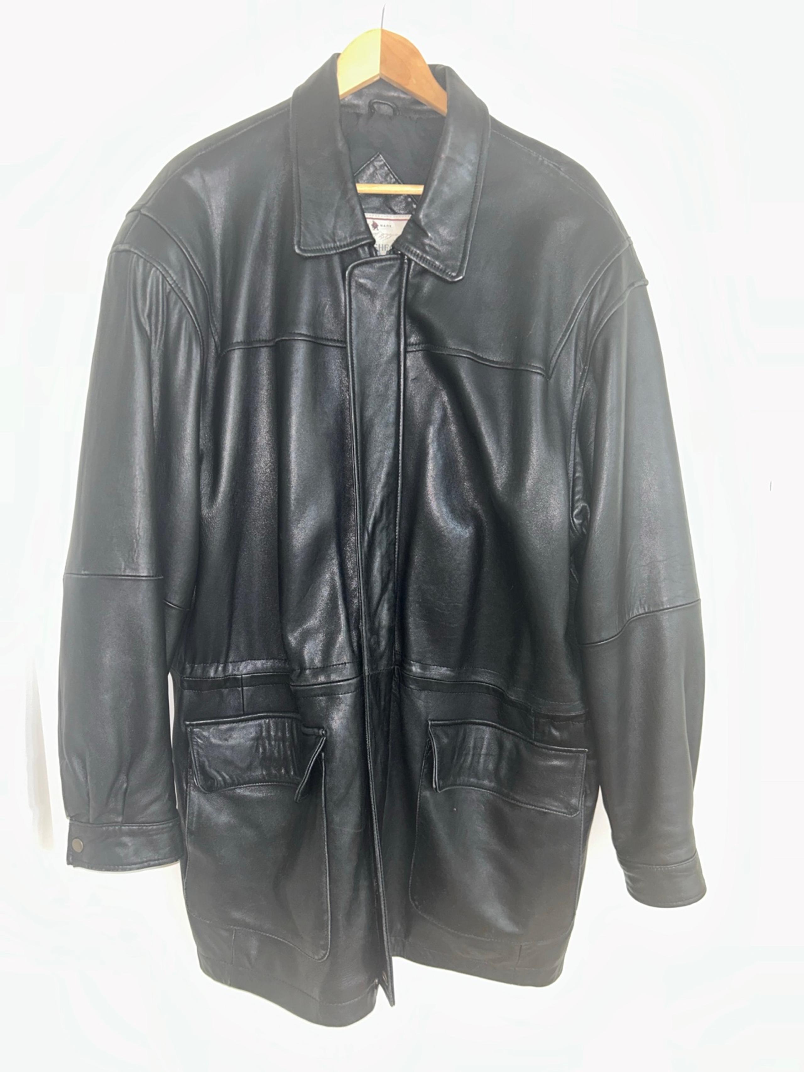 Large mens Vtg John Ashford Black Leather Outdoor Jacket mid length heavy coat