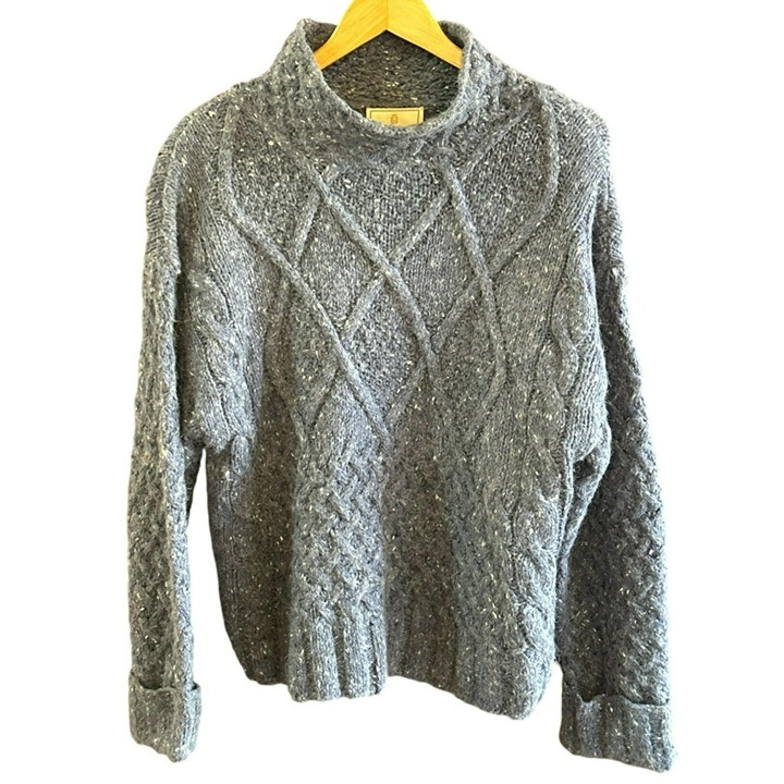 Express Tricot Blue Gray Handknitted Angora Wool Blend Cable Knit Sweater Large