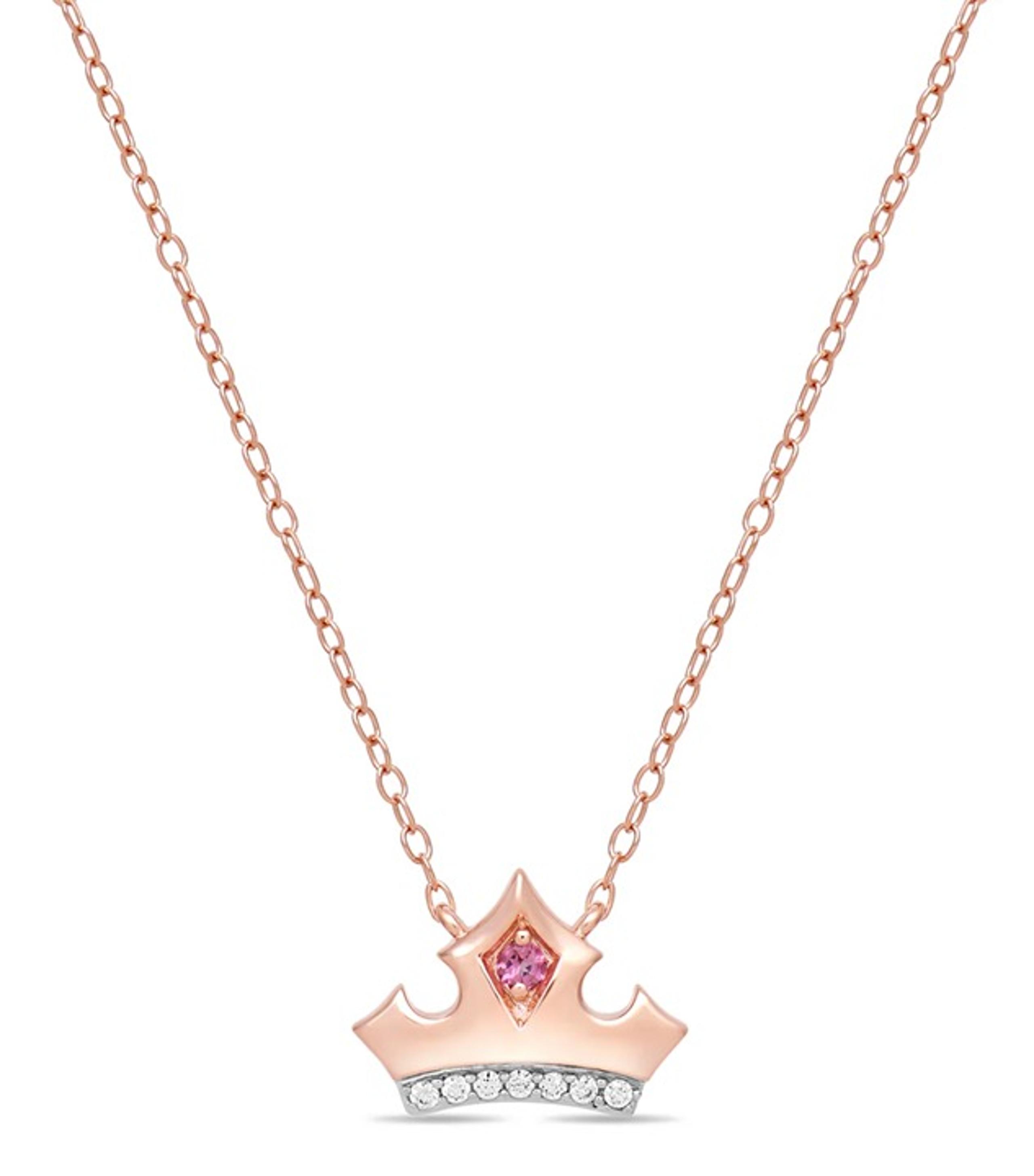 Enchanted Disney Fine Jewelry Rose Gold Diamond Pink Topaz Aurora Tiara Necklace
