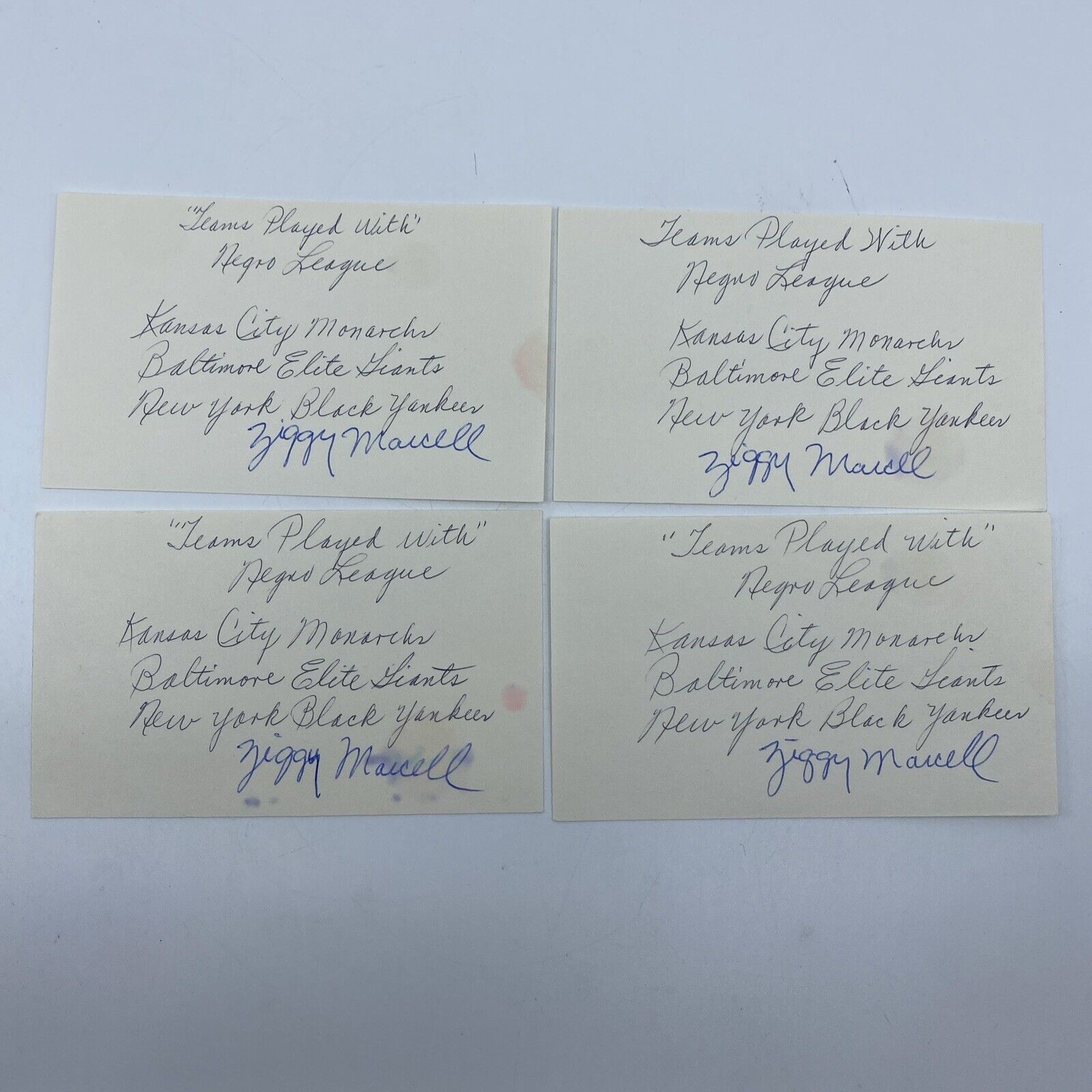 Everett Ziggy Marcell Autographed 3X5 Index Card - Negro Baseball Leagues Player