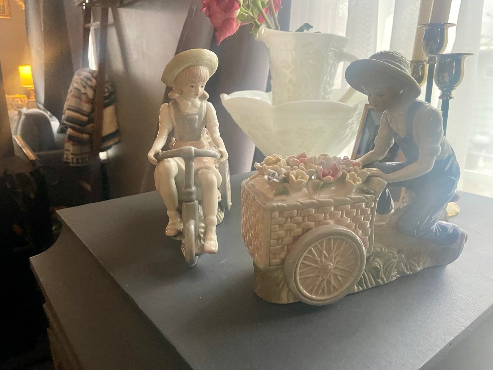 2 Vintage LENWILE ARDALT Boy & Girl with Flower Carts handmade 7 figurines