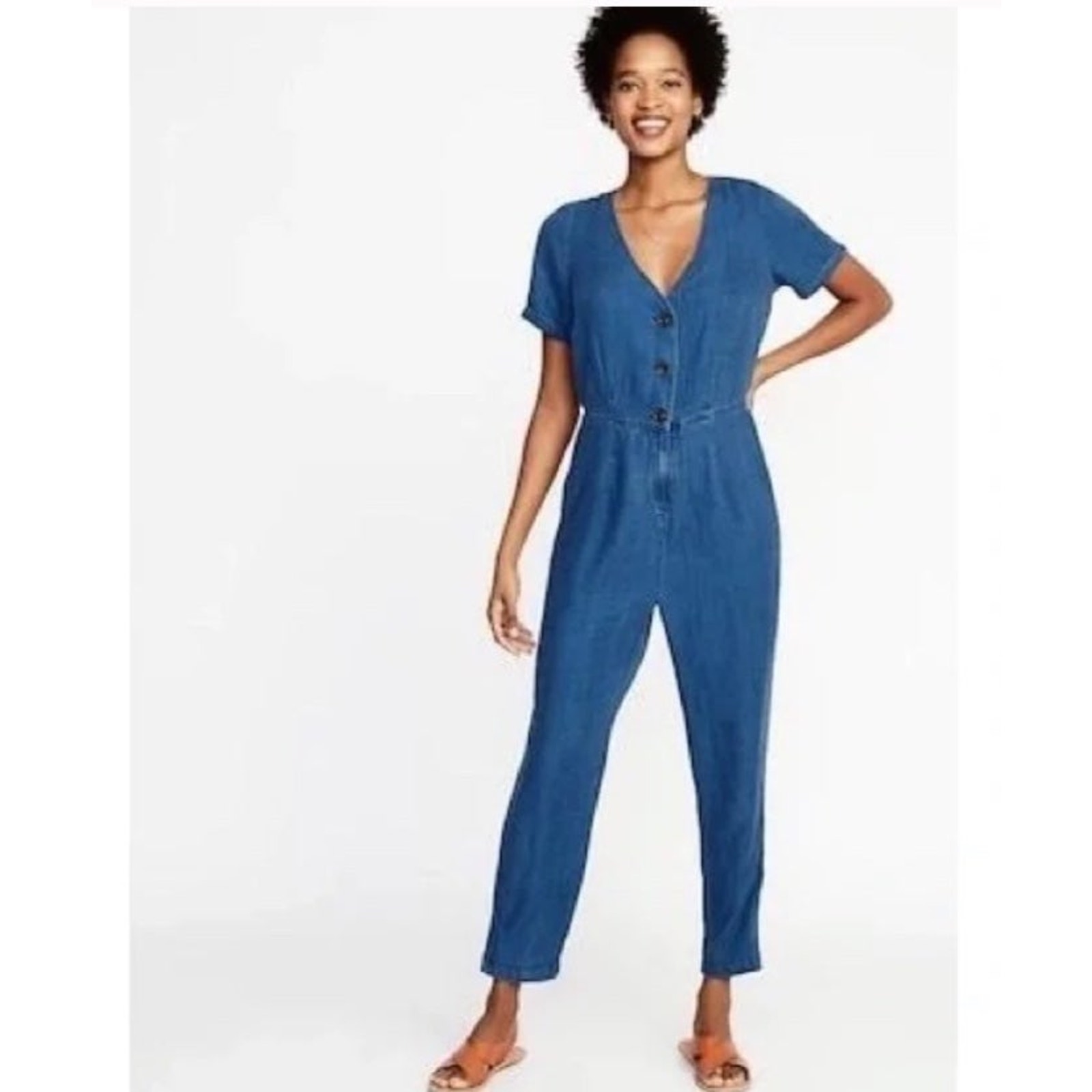 Old Navy Chambray Denim button up Jumpsuit short sleeved size large