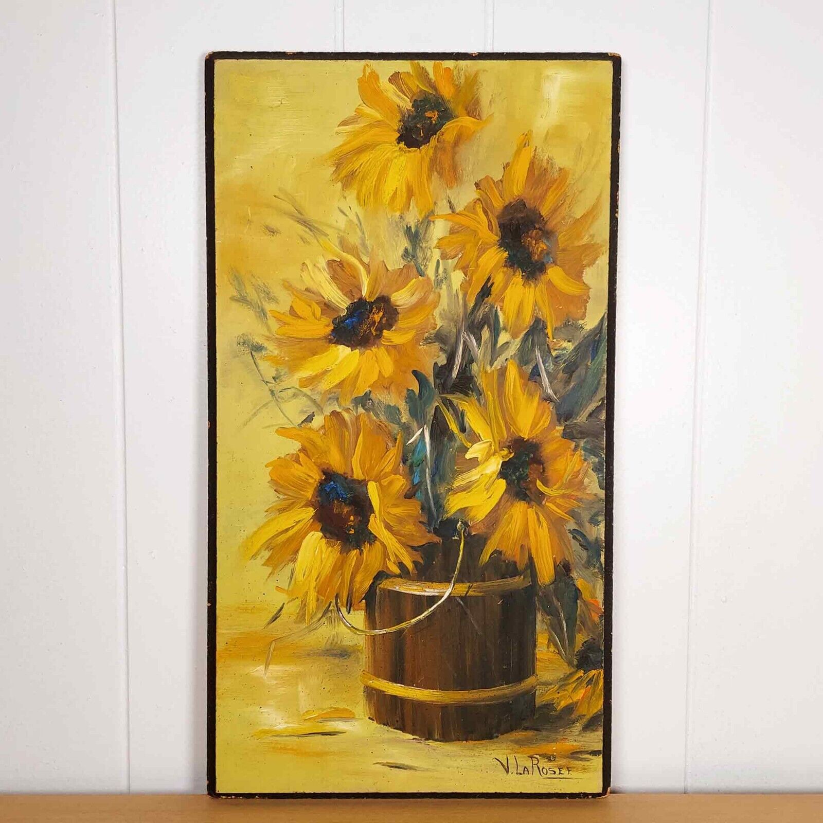 Sunflowers Wooden Bucket Still Life Painting on Board Floral Vintage Mid Century