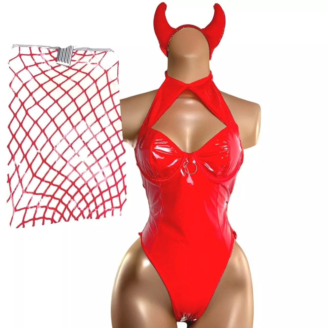 New Medium Vegan Leather Red Devil Fishnets Bodysuit Costume Halloween Set Sexy