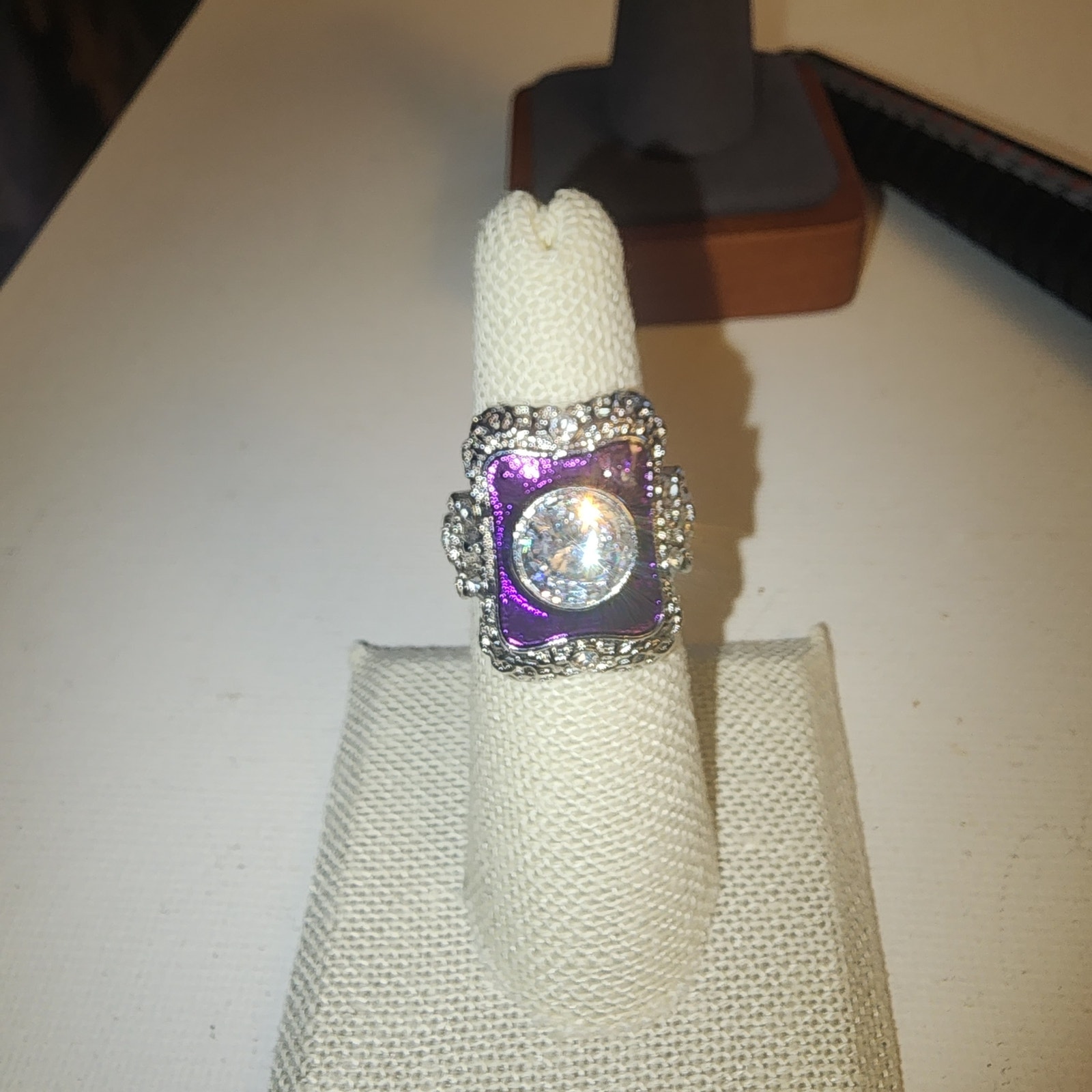 925 STERLING SILVER SZ 5.75 PURPLE WHITE STONES ORNATE RECTANGLE RING
