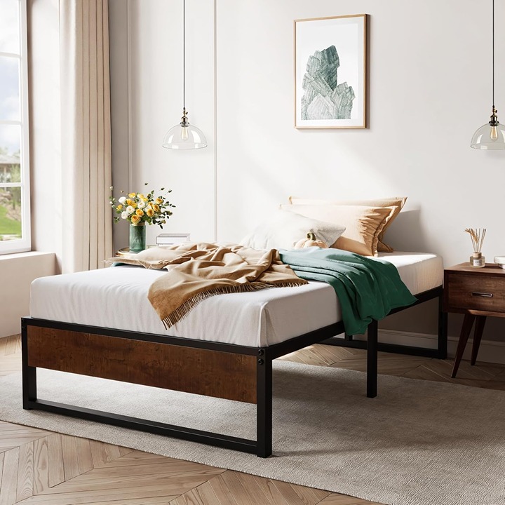 Twin Size 14 Inch Metal Platform Bed Frame, Mattress Foundation with Metal Slat