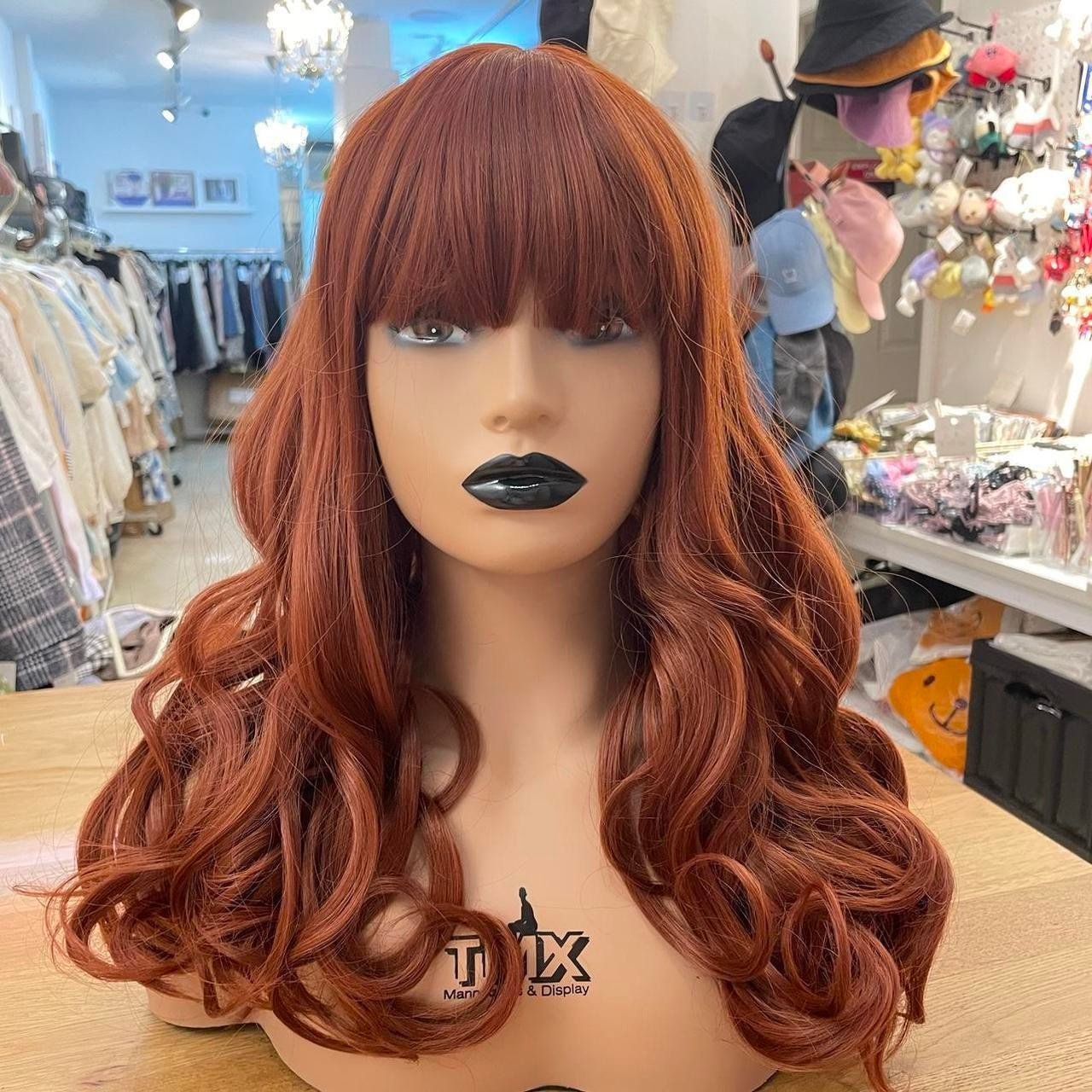 Human hair blend dark orange red curly wavy wig.