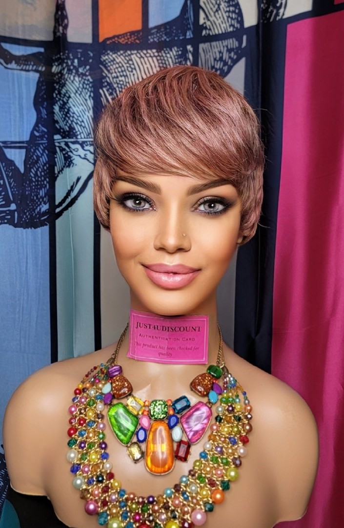 Rose golden chocolate brown highlighted short cut pixie wig human blended