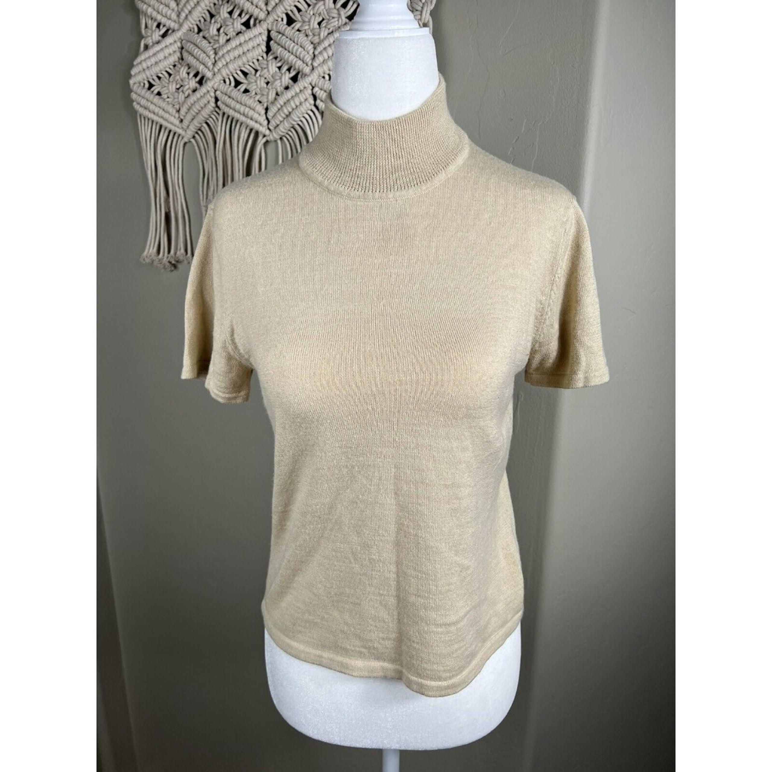 Tahari Sweater Womens 6 Petite Beige Wool Blend Mock Neck Short Sleeve