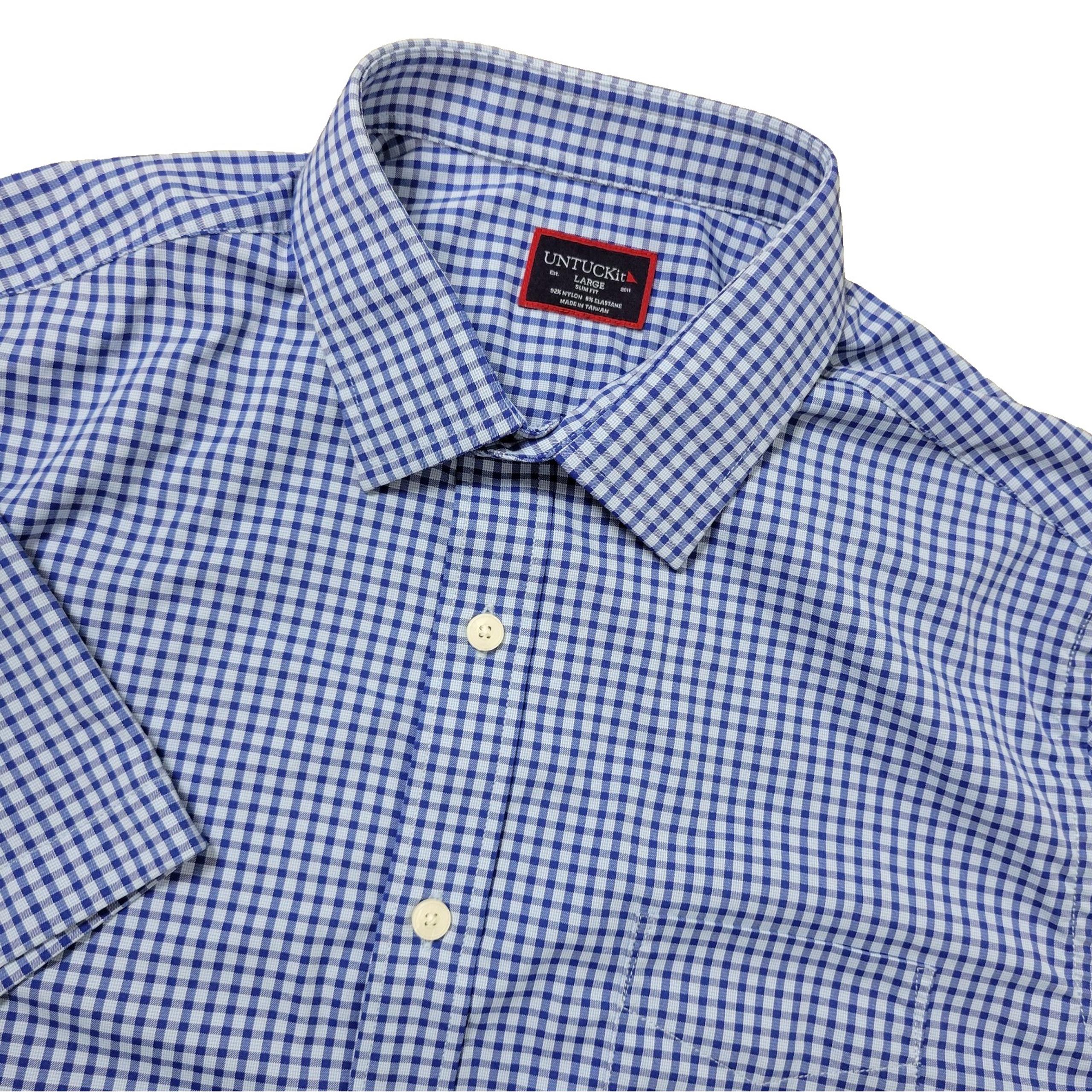 Untuckit Slim Fit Mens Large Blue Check Performance Stretch Button Up SS