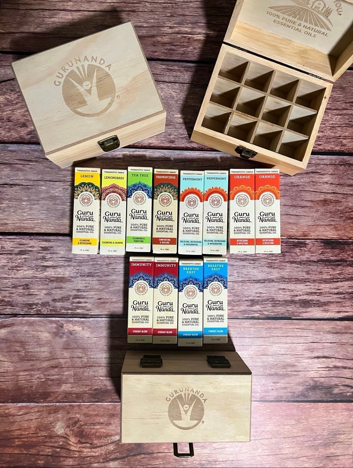 Essential Oils Lot & Wooden Storage Boxes