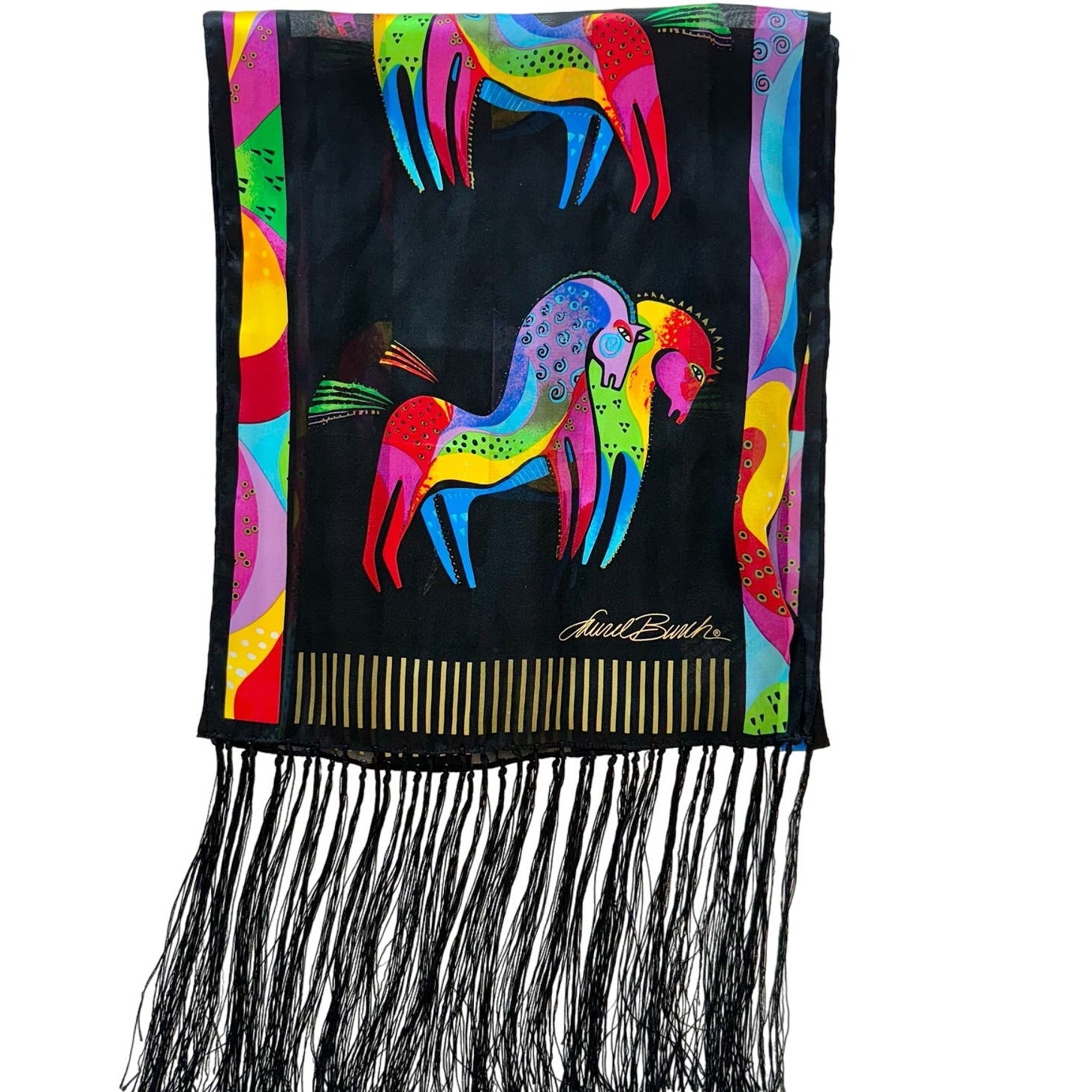 Laurel Burch Rainbow Unicorn Colorful Silky Scarf Oblong Fringe Trim Black