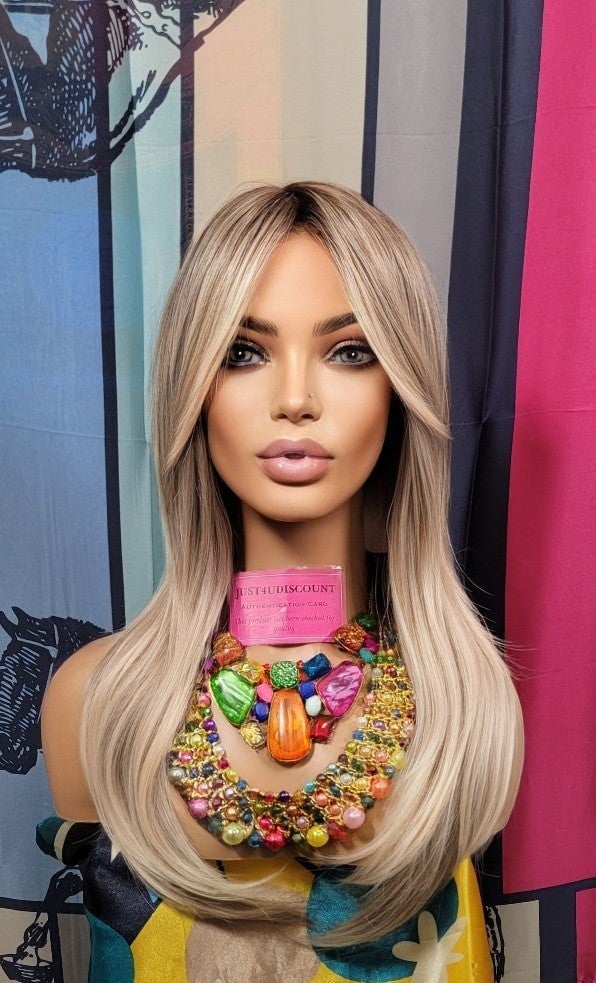 Swoop bang ash blonde brown root balayage highlighted wig