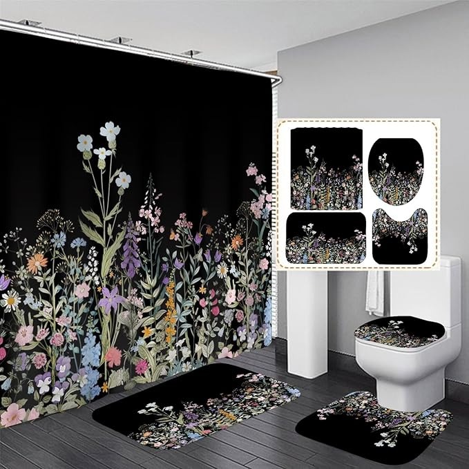 4 Pcs Floral Shower Curtain Set Black Shower Curtain and Rug Set