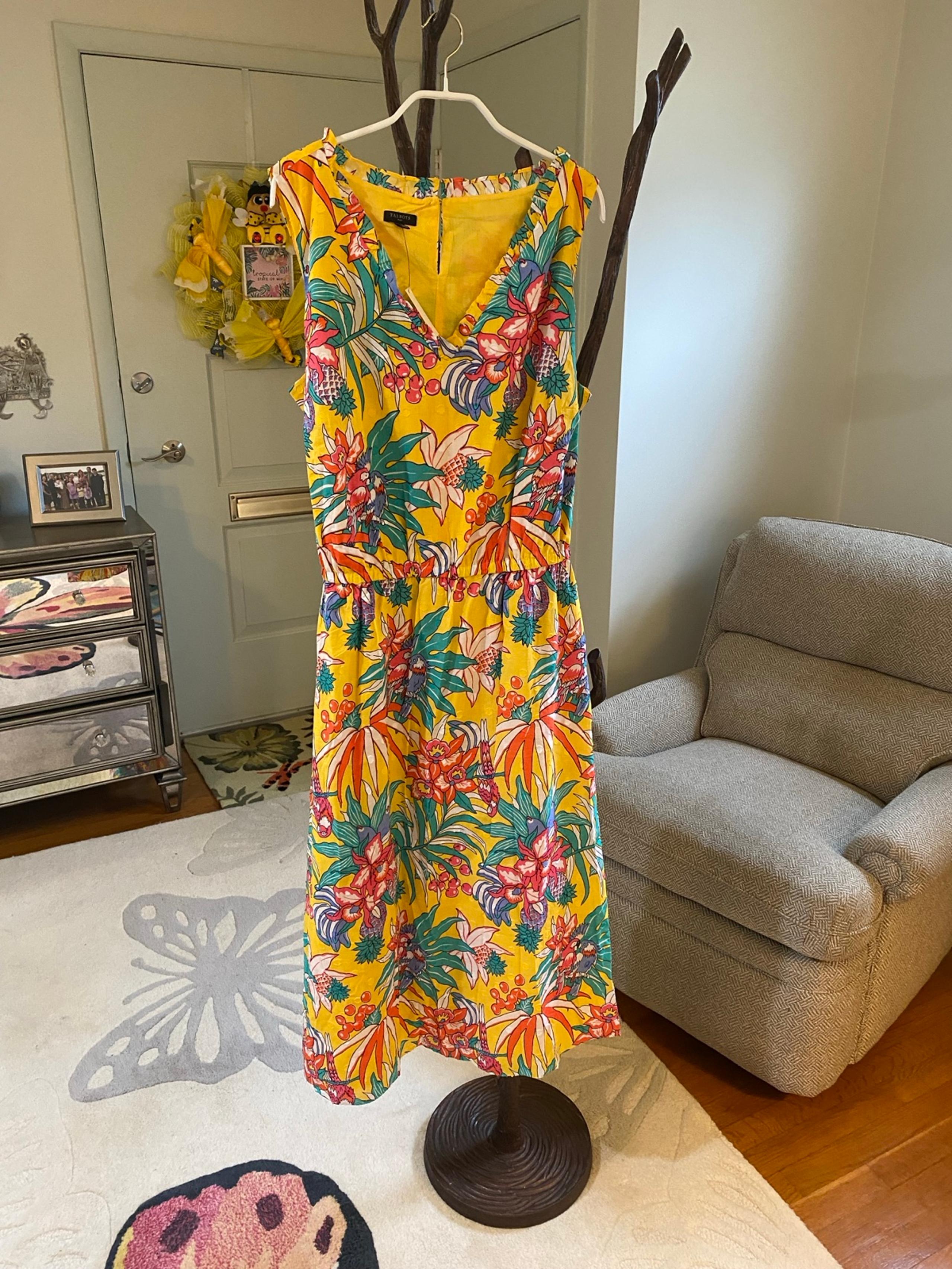 Talbots Sleeveless Yellow Cotton Maxi Dress Island flowers and parrots 1X