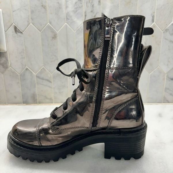 DKNY Metallic Gunmetal Double Buckle Chunky Lug Sole Bart Combat Boots Silver 7