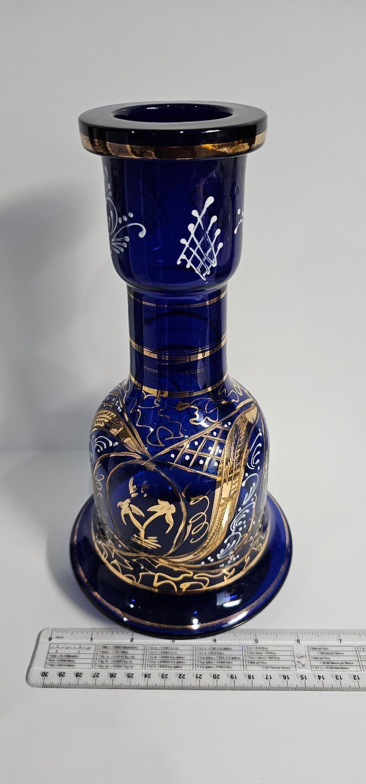 Gorgeous vintage cobalt blue glass Persian hookah base Bohemian style with gold