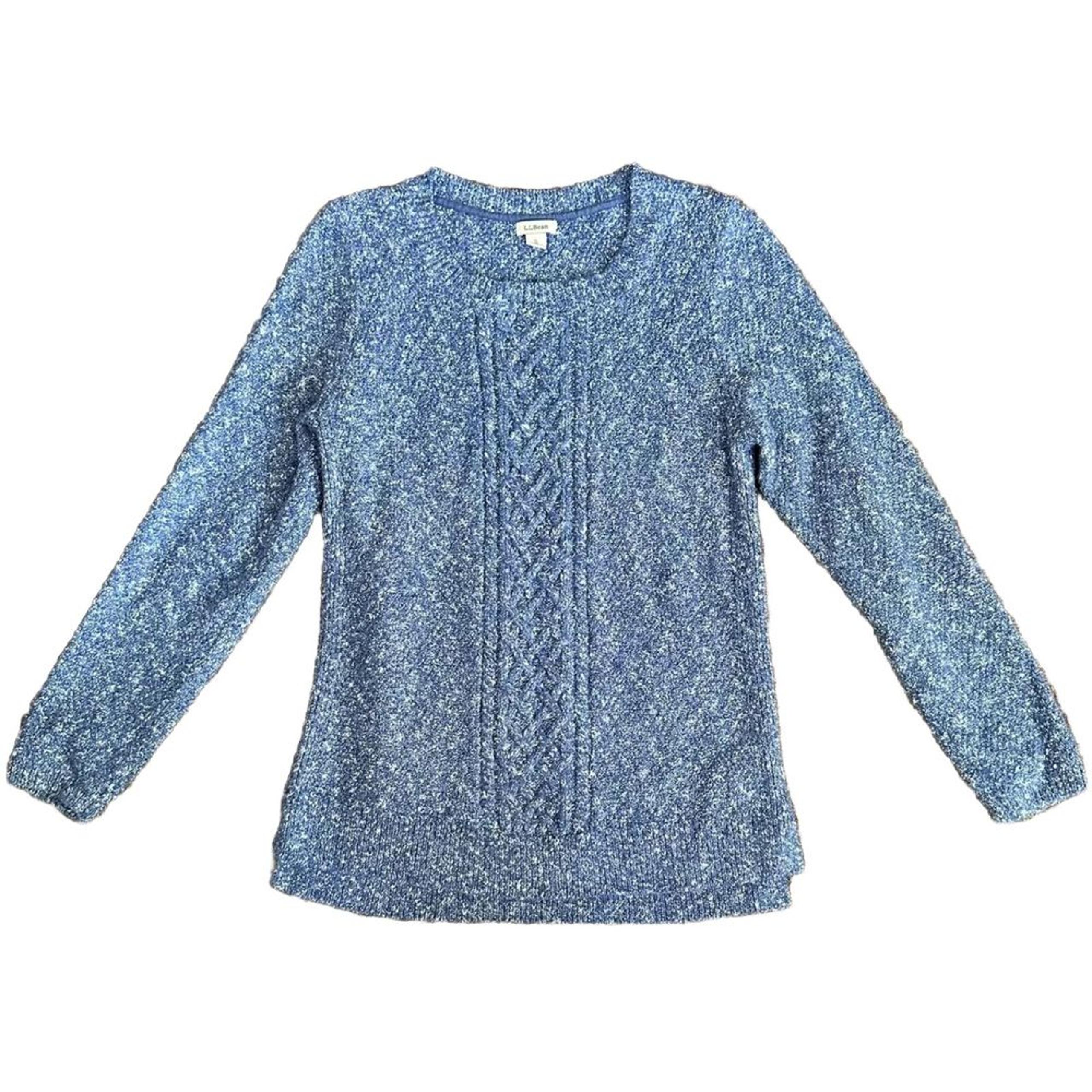 LL Bean Sweater Women's Small Blue White Marled Pullover Cotton Knit Thick Warm