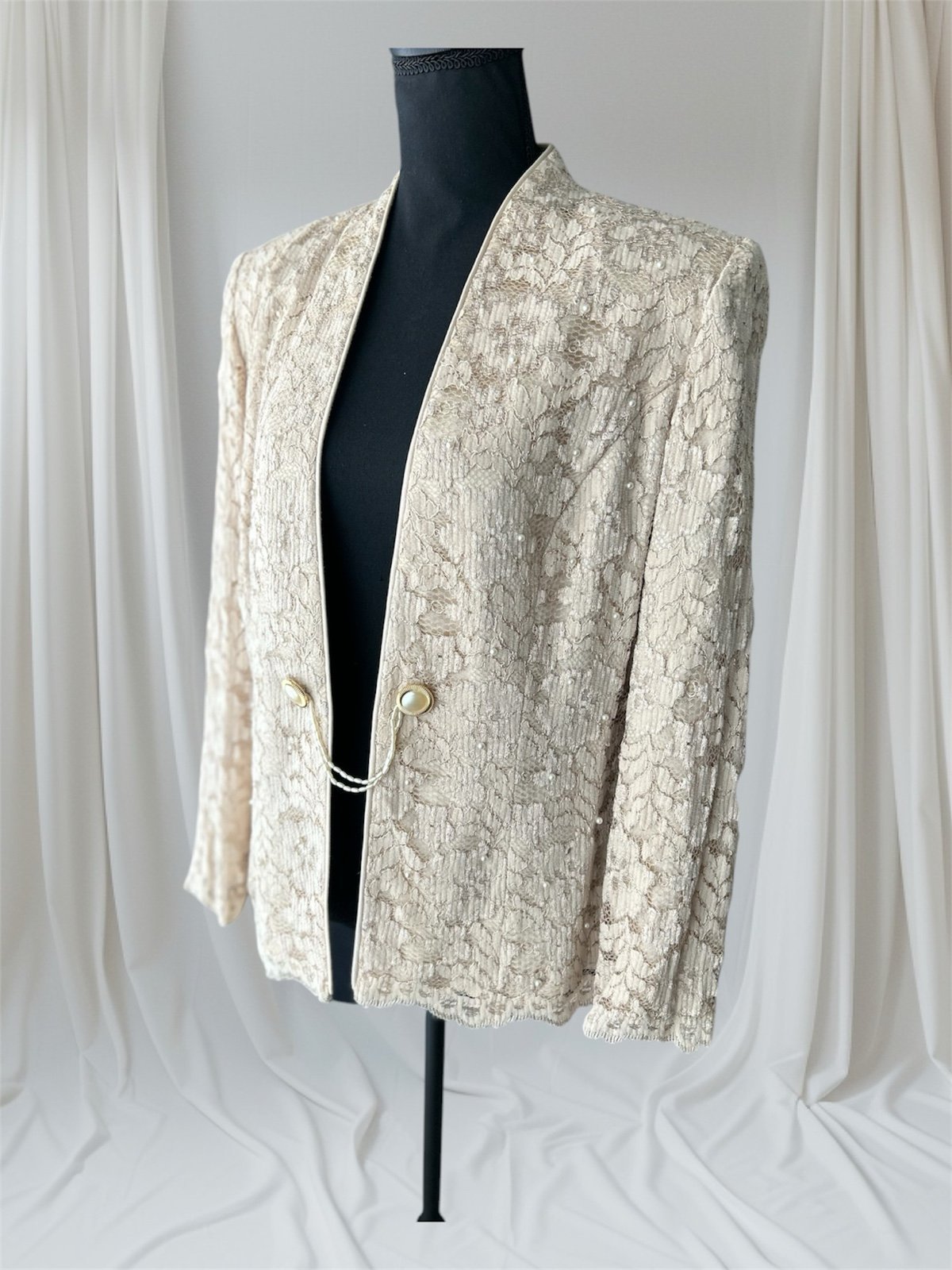 Vintage 80s Patra Lace Long Sleeve Blazer Beige Pearl Button Closure 12