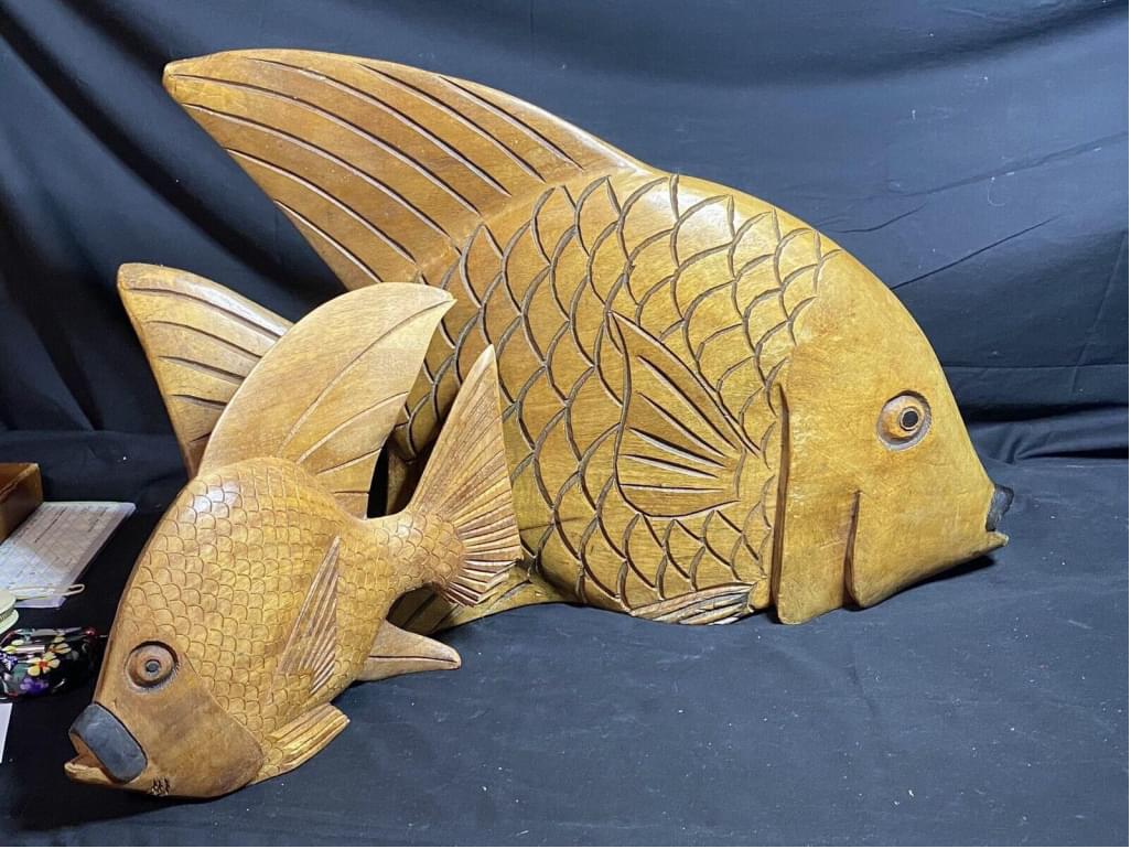 Vintage TIKI BAR FISH Wood Carved Statue Tropical Sculpture Hawaiian Art X 2