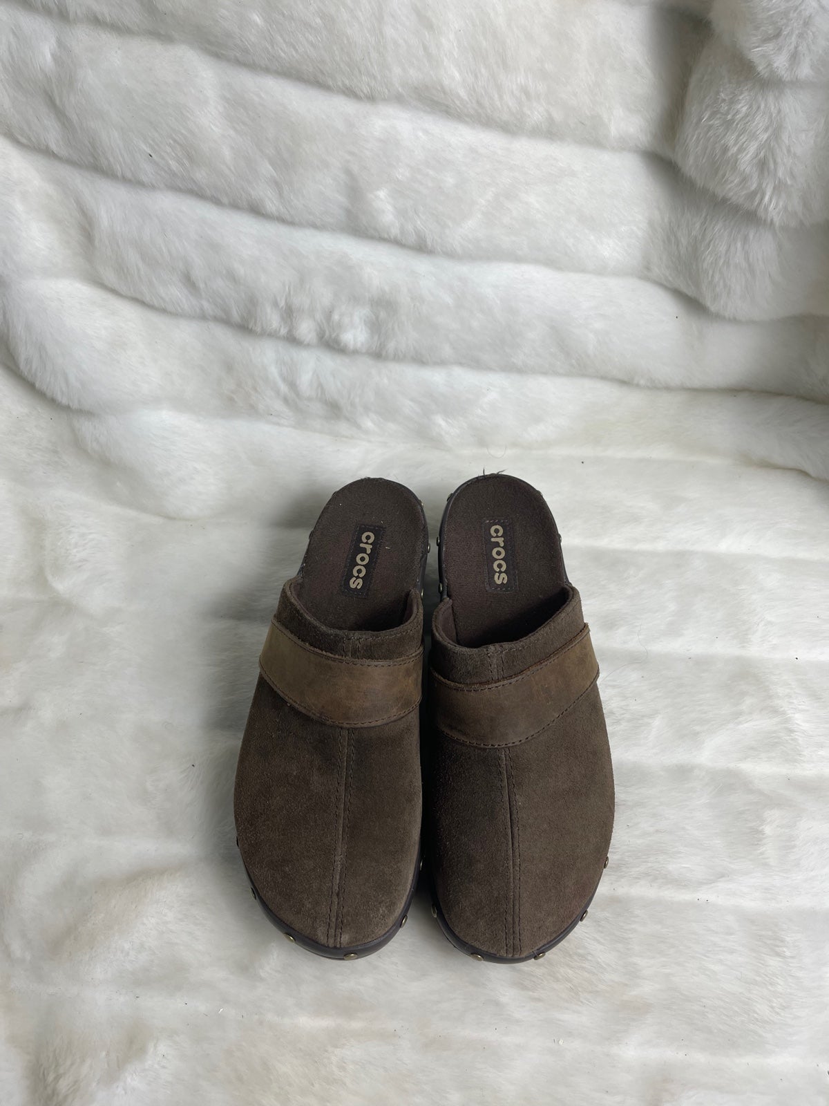 Crocs leather brown suede platform clogs antique gold tone studs accents SZ 7 pr