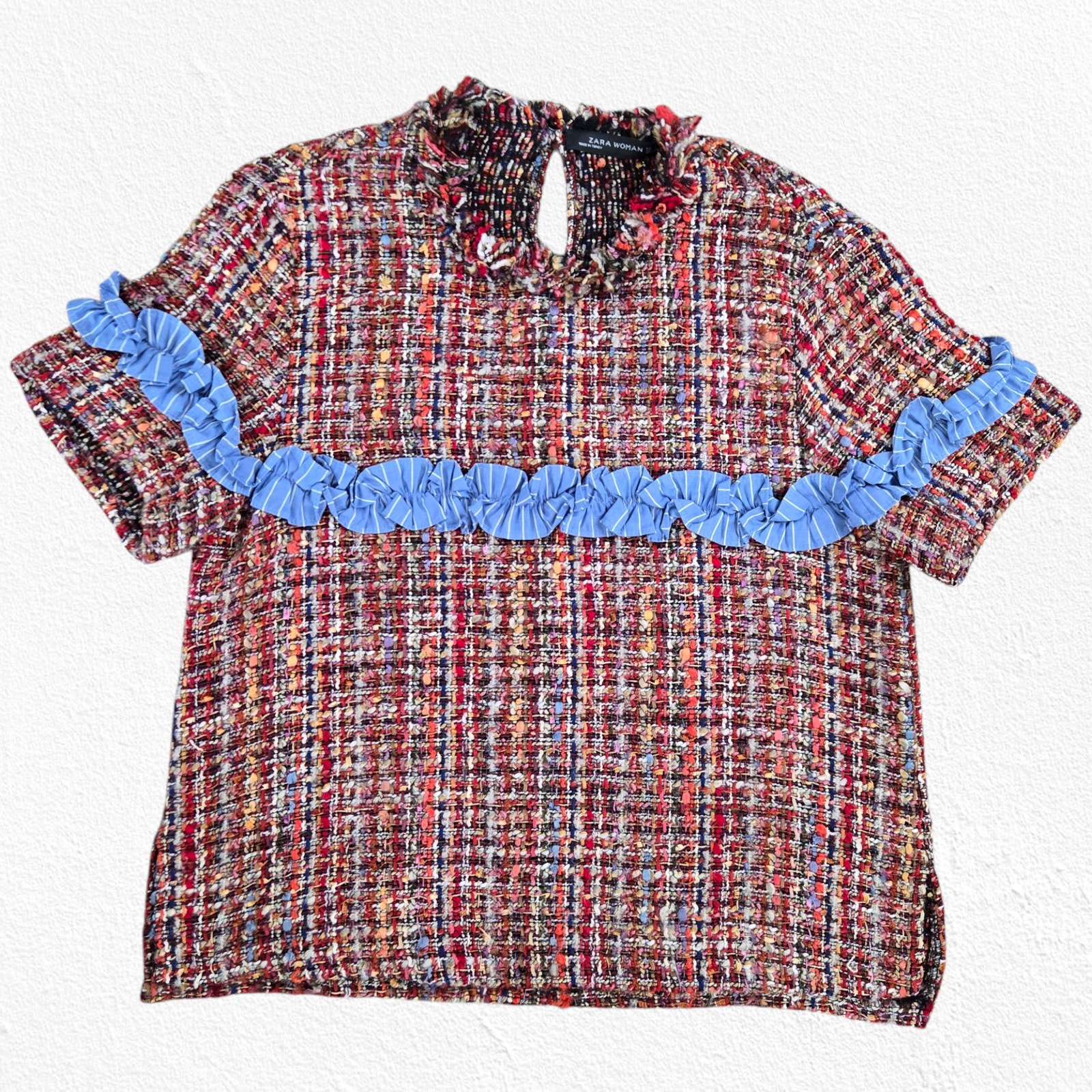 Zara Multicolor Tweed Blue Ruffle Trim Short Sleeve Boxy Crop Blouse Size Small