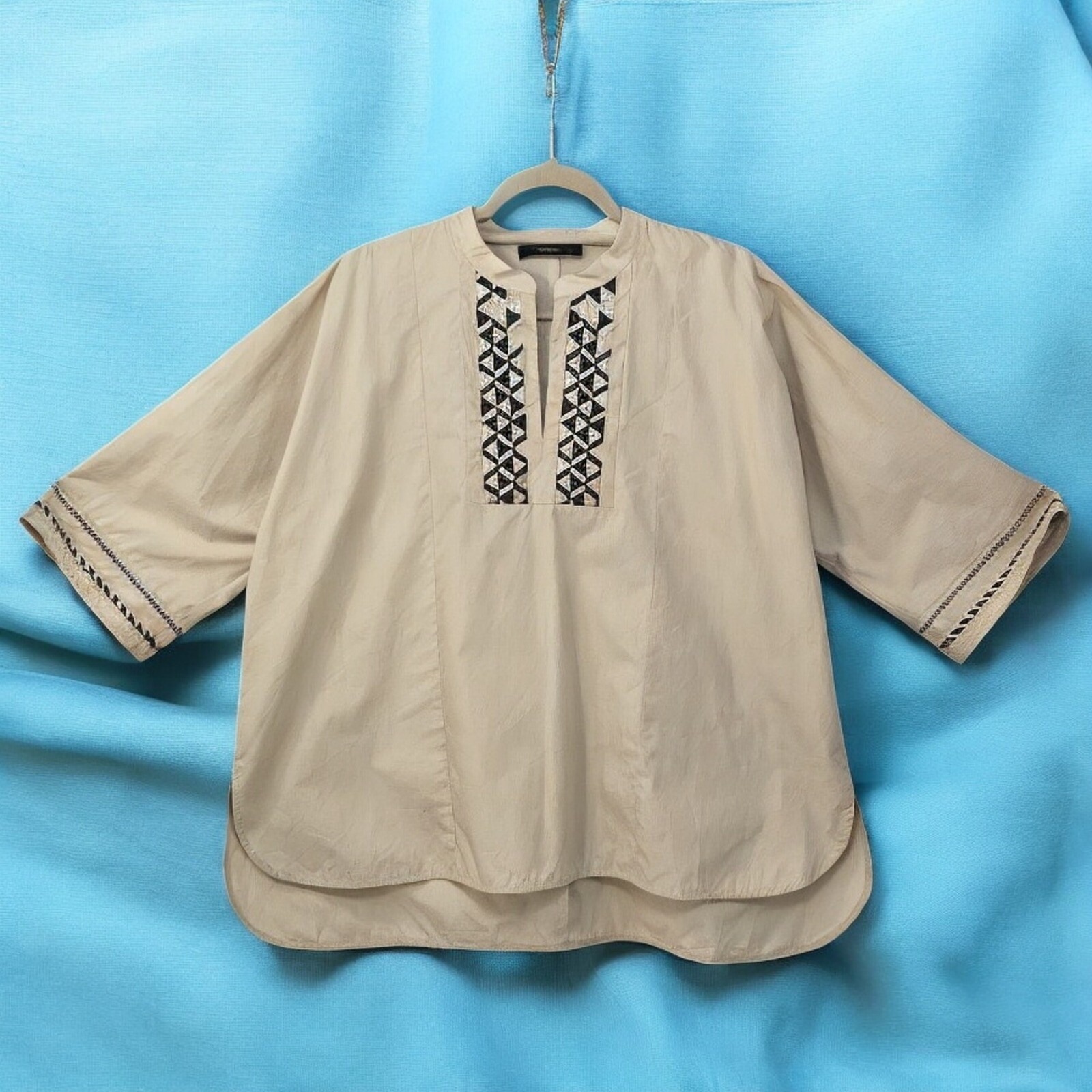 Weekend MaxMara Embroidered Tunic Top Beige Woman Size 10 Lagenlook Peasant Boho