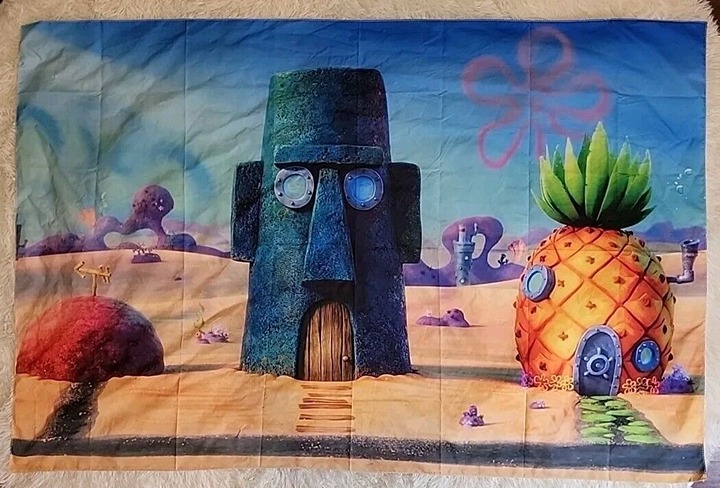 Sponge Bob Square Pants Bikini Bottom Banner Flag 40 X 50 Inch Wall Hanging EUC