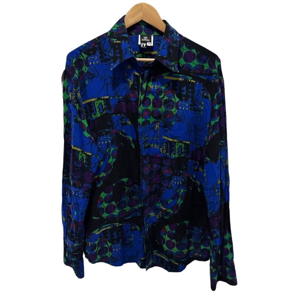 Versace Jeans Couture Vtg Men's Size L Button Front Shirt Blue Geometric Viscose
