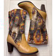 Peacock ladies western style 3” heeled boots. Fabric and leather uppers. Sz 8