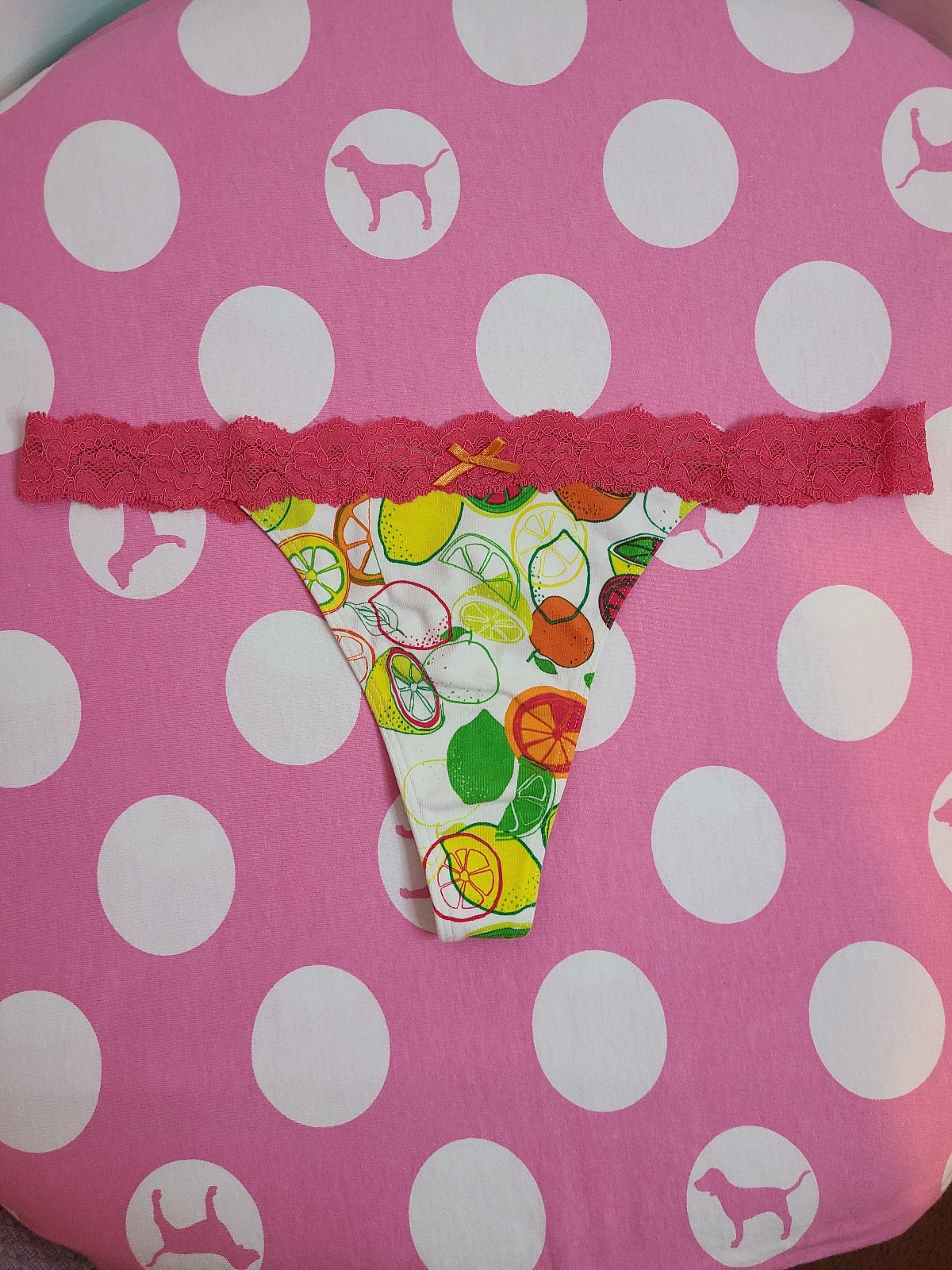 Rare VTG VS PINK Citrus Lace Waist Cotton Low-rise V-string Thong Panty Lg