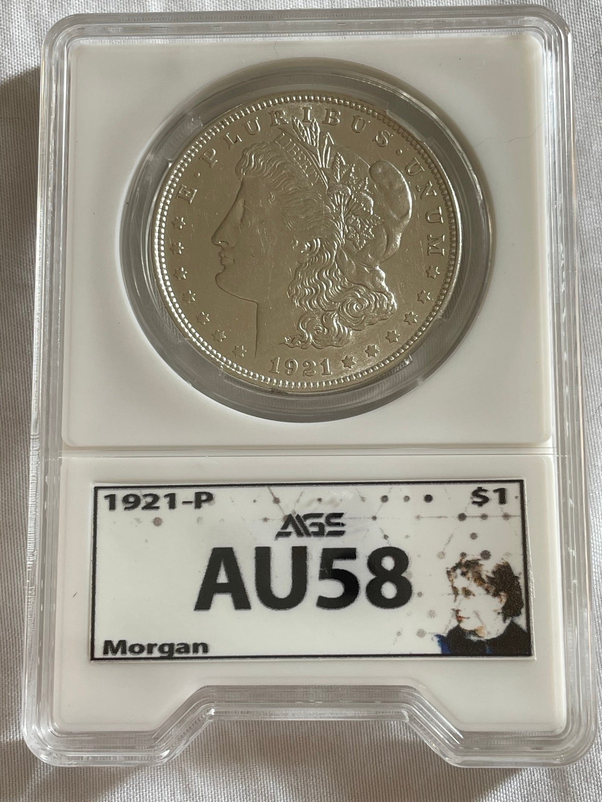 1921-P Morgan Silver Dollar AU58 AIGS QR & NFC Security
