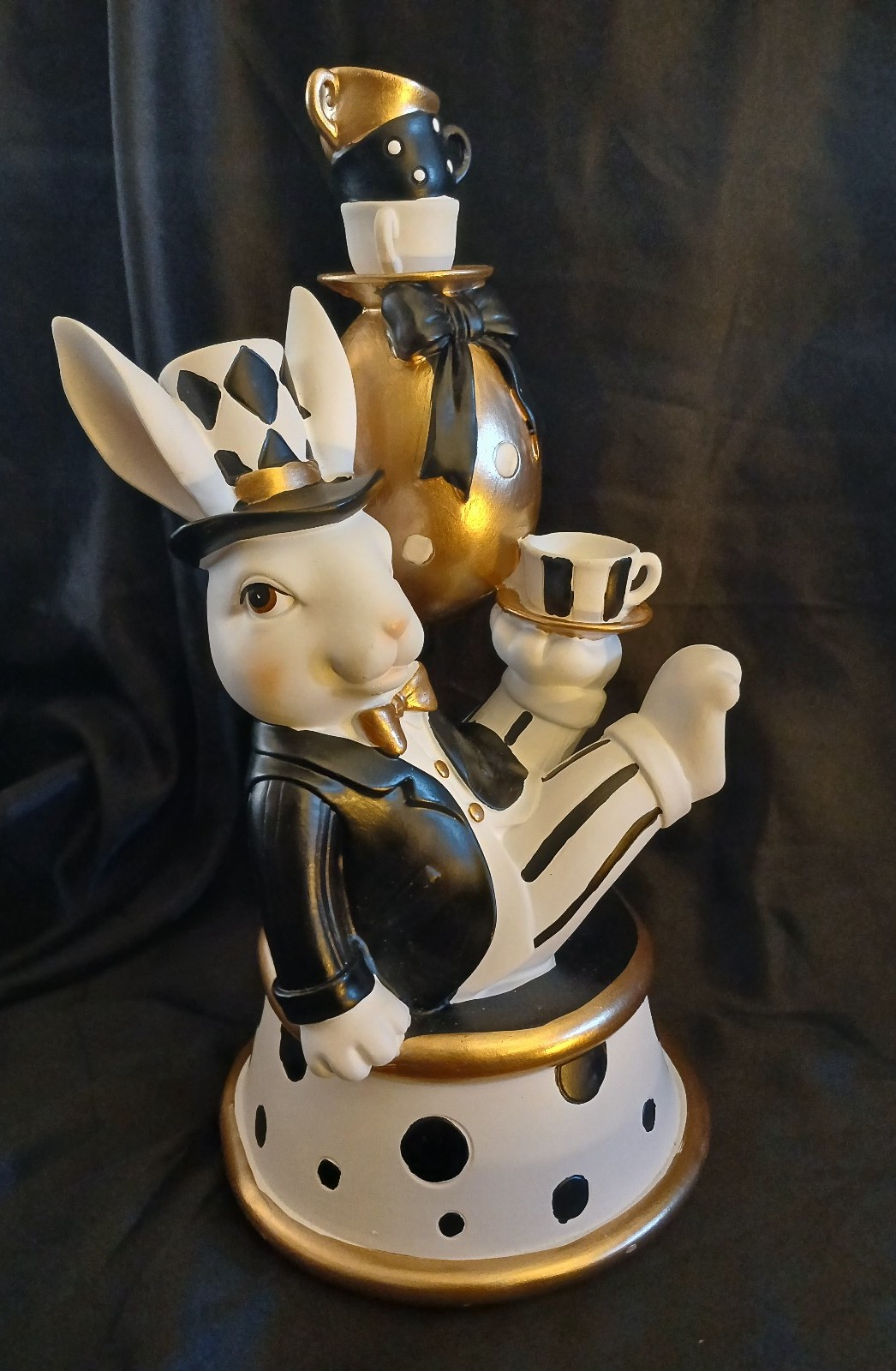 Resin Mad Hatter Royal Dapper Easter Bunny w Eggs & Teacups Collectible Figurine