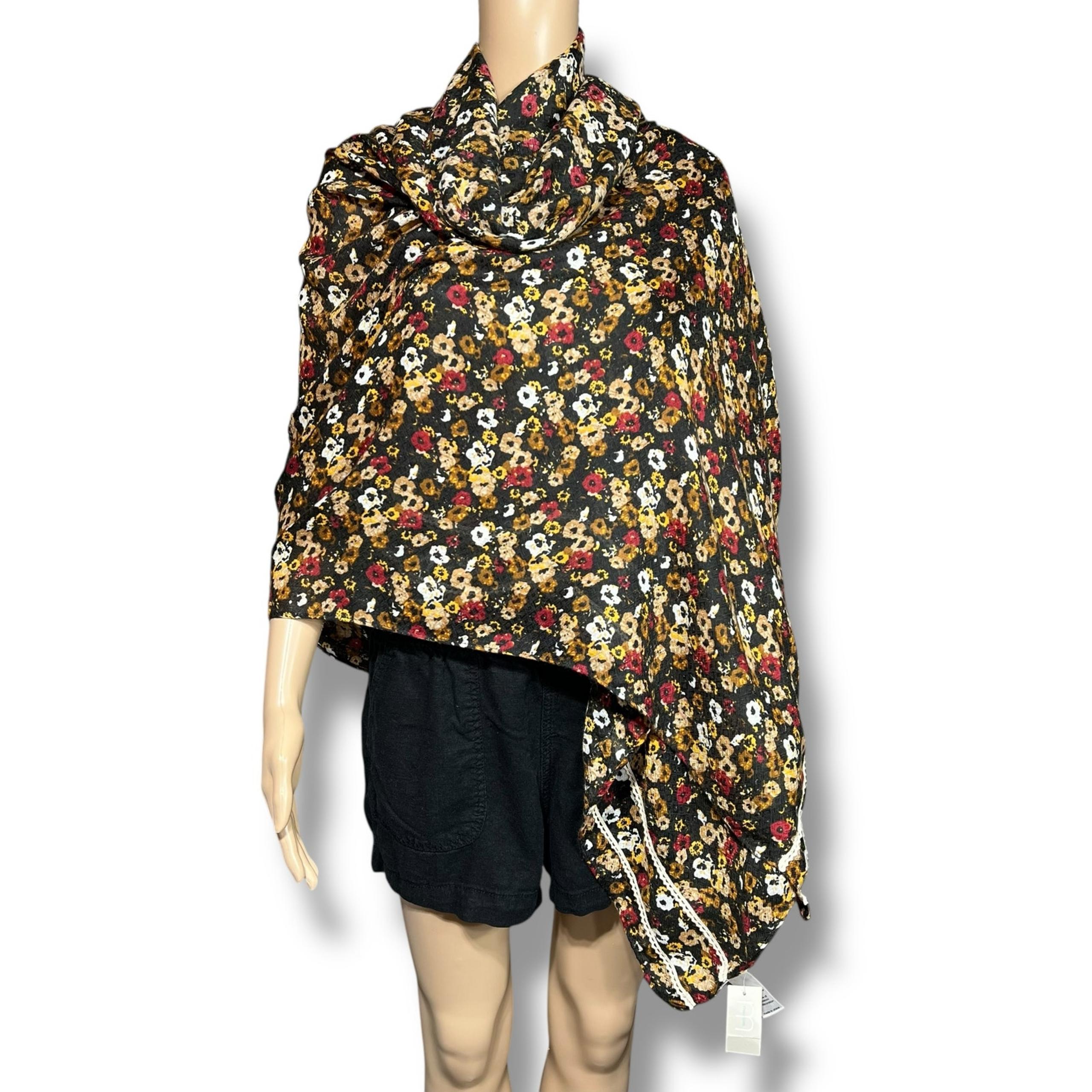 Maurices Womens Oversized Scarf Dark Autumn Floral Print Lace Detail Red Brown