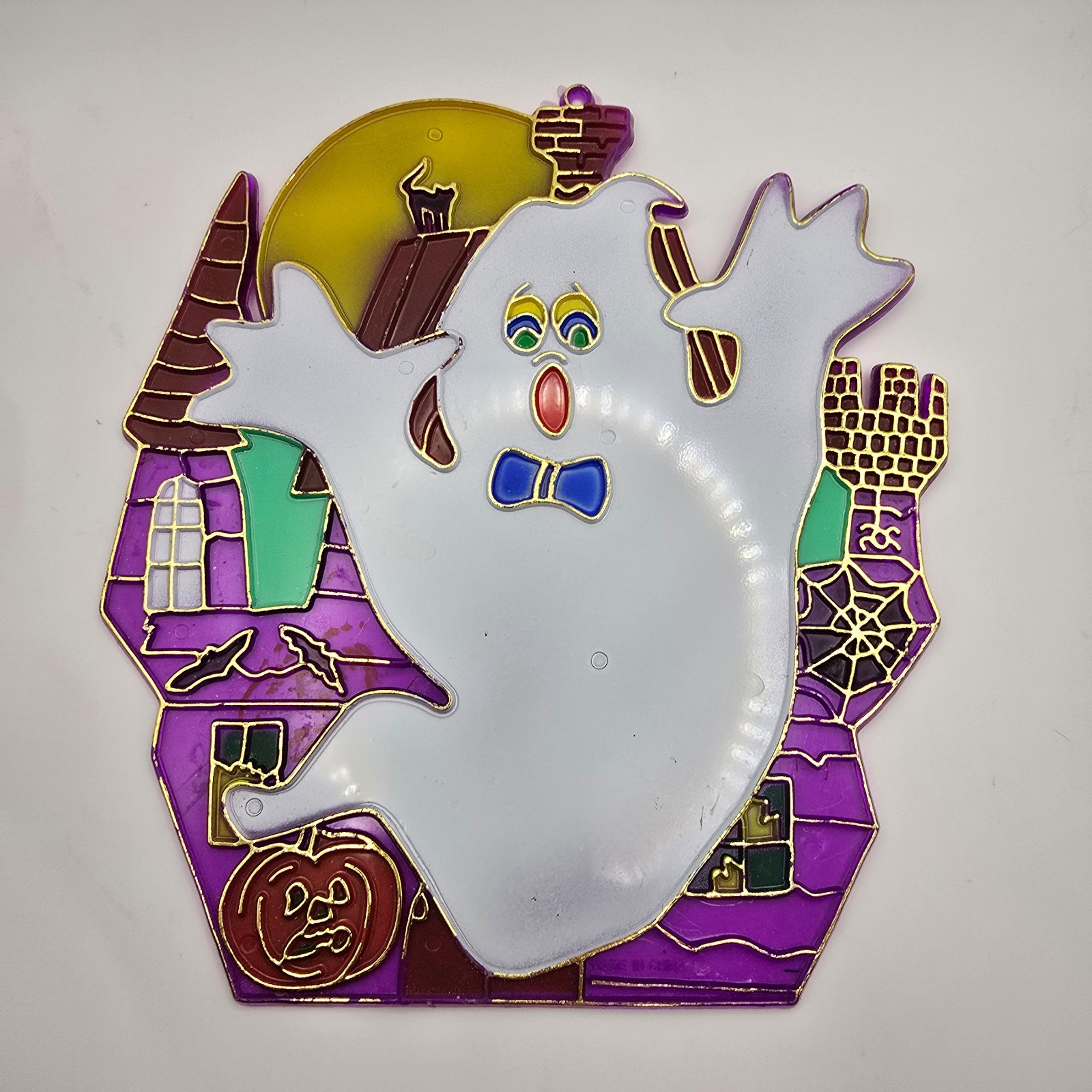 Vintage Halloween Window Hanging Haunted House Moon Ghost Black Cat Appx 9"x7"W