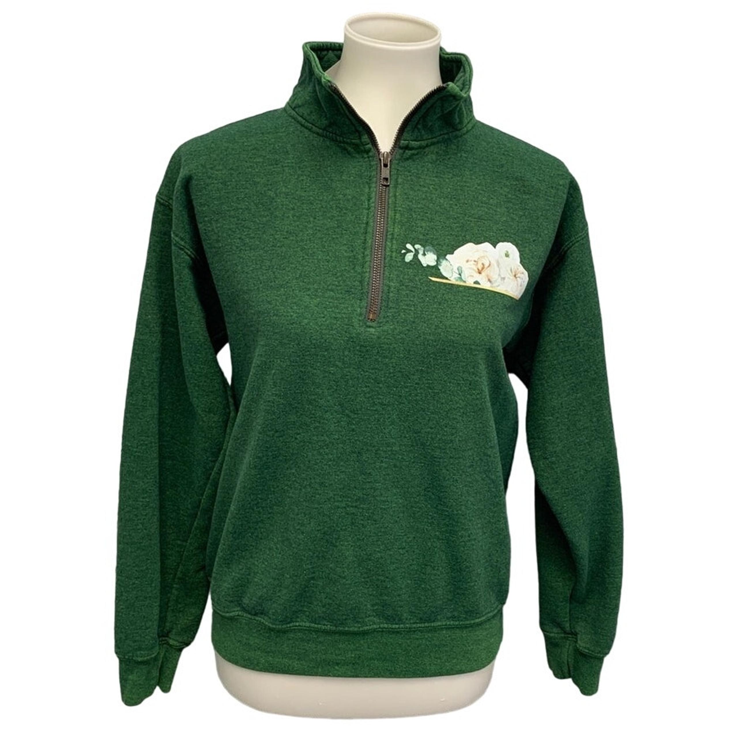 Hand Printed Upcycled Womens Small 1/4 Zip White Rose Flower Sweatshirt Pullover