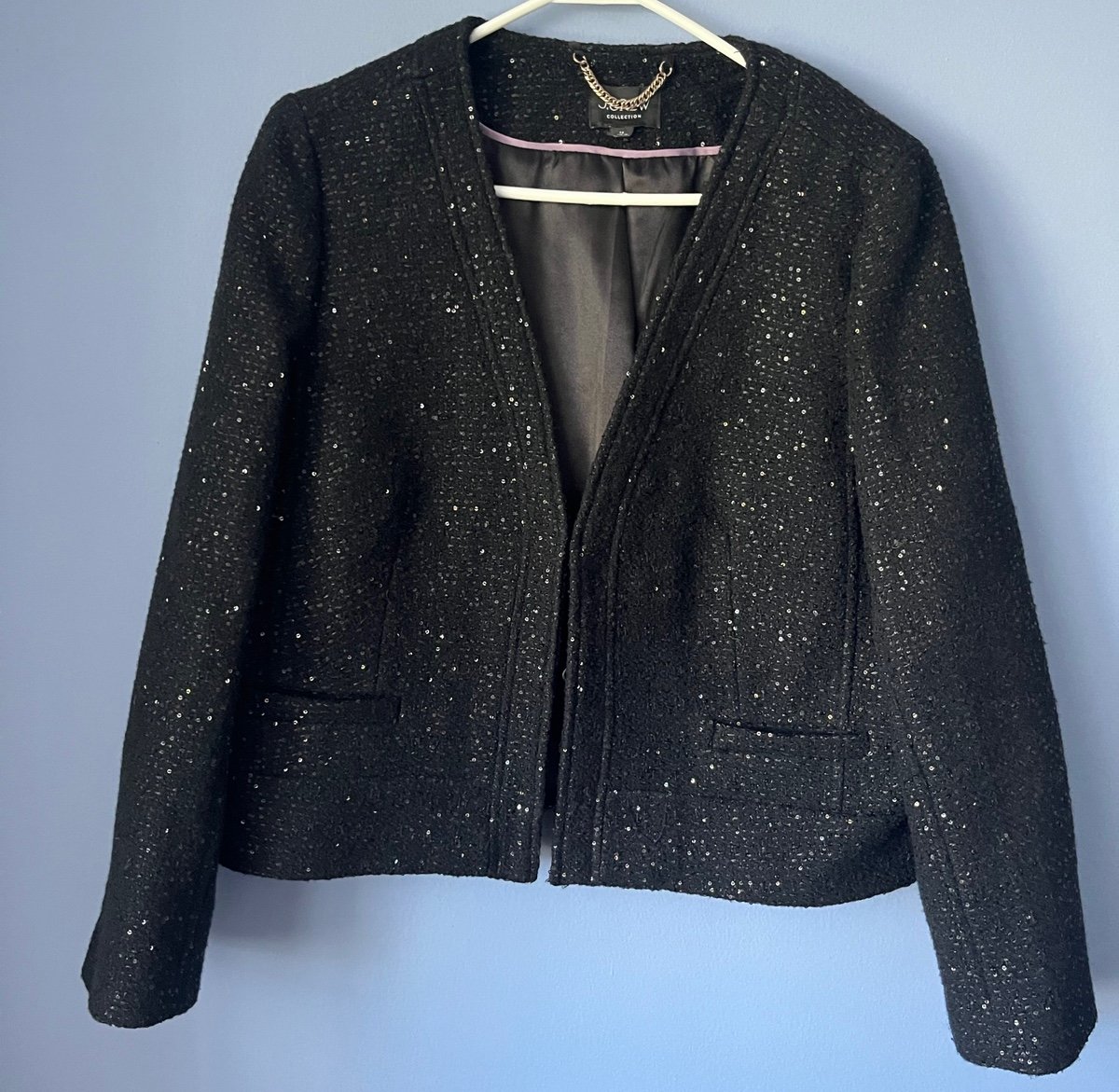 J crew collection black sequin tweed crop lady jacket wool blend blazer size 16
