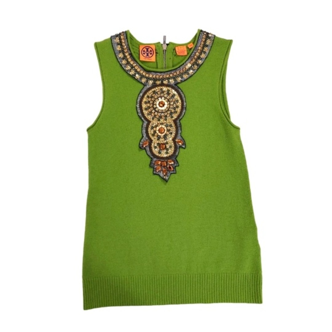 Tory Burch Green Sequin/ Rhinestone Sleeveless Cashmere Top