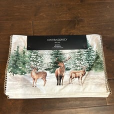 Cynthia Rowley Placemats Stag Deer Christmas Evergreen Trees Snow New Holiday